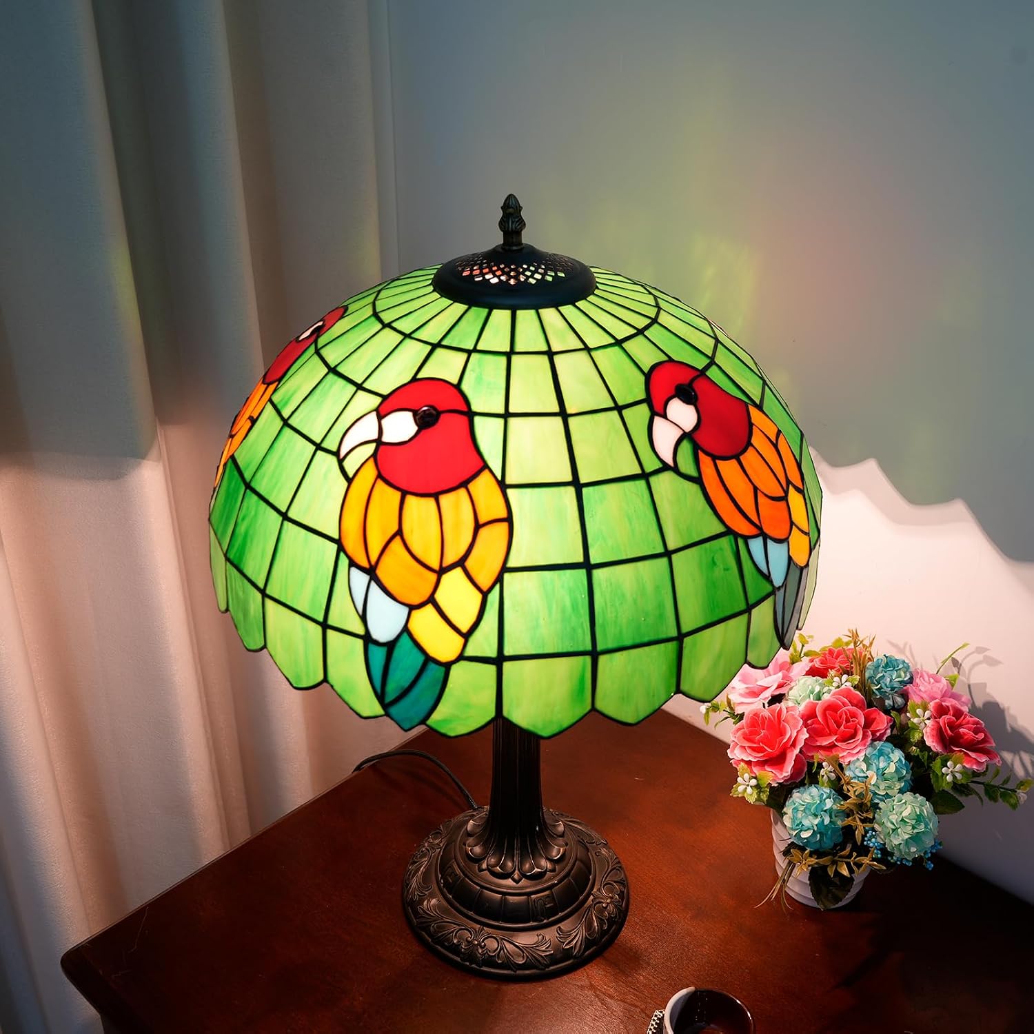 Tiffany Table Lamp Green Stained Glass Parrot Style Bedside Lamp 16X16X23 Inches Desk Decor Light Classic Farmhouse Reading Table Lamps for Home Office