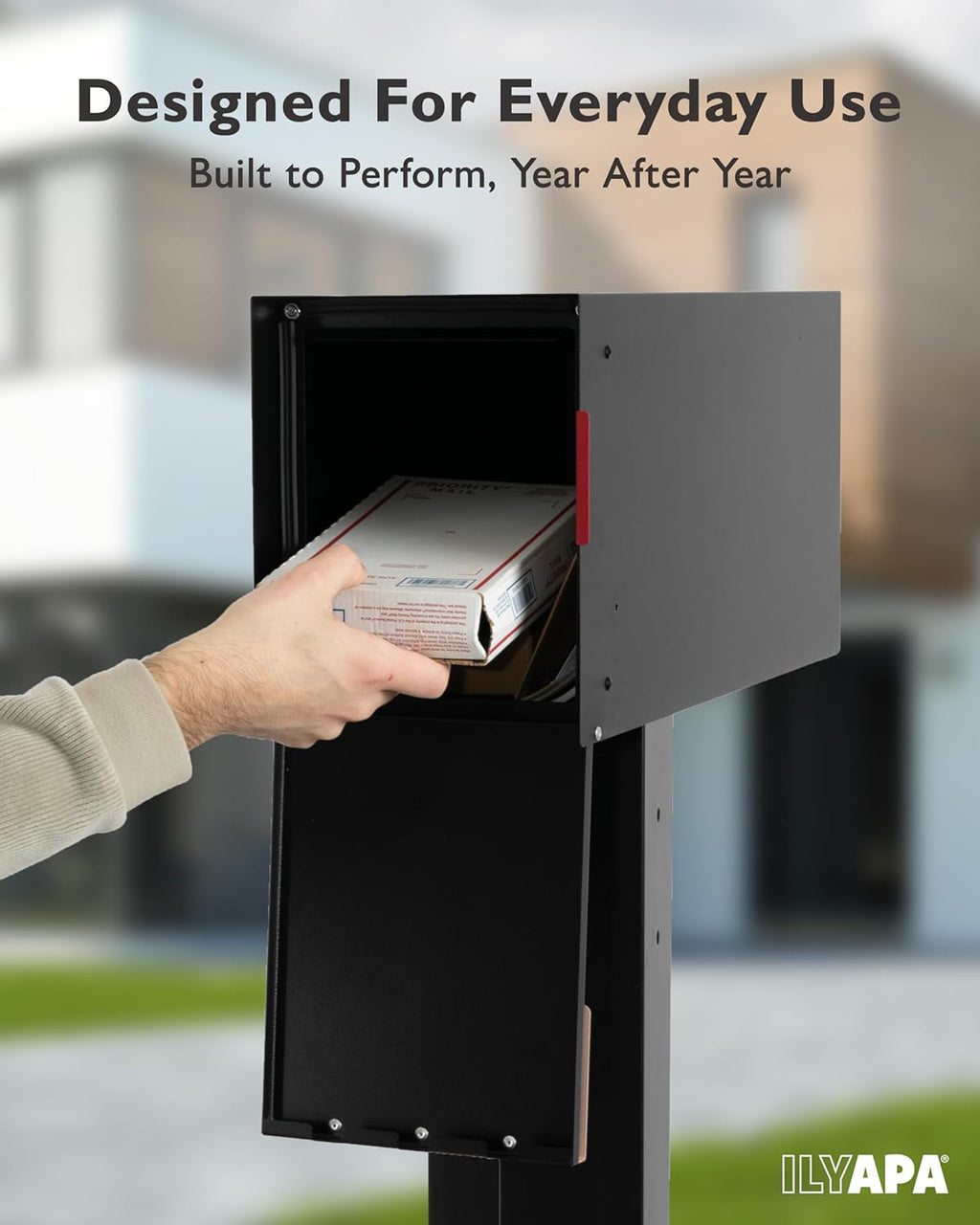 Ilyapa Black Modern Mailbox Post Mount Mailboxes for Outside - Powder Coated Steel Metal Mail Box, Outdoor All Weather & Corrosion Resistant, Stainless Steel Hinges & Magnetic Door