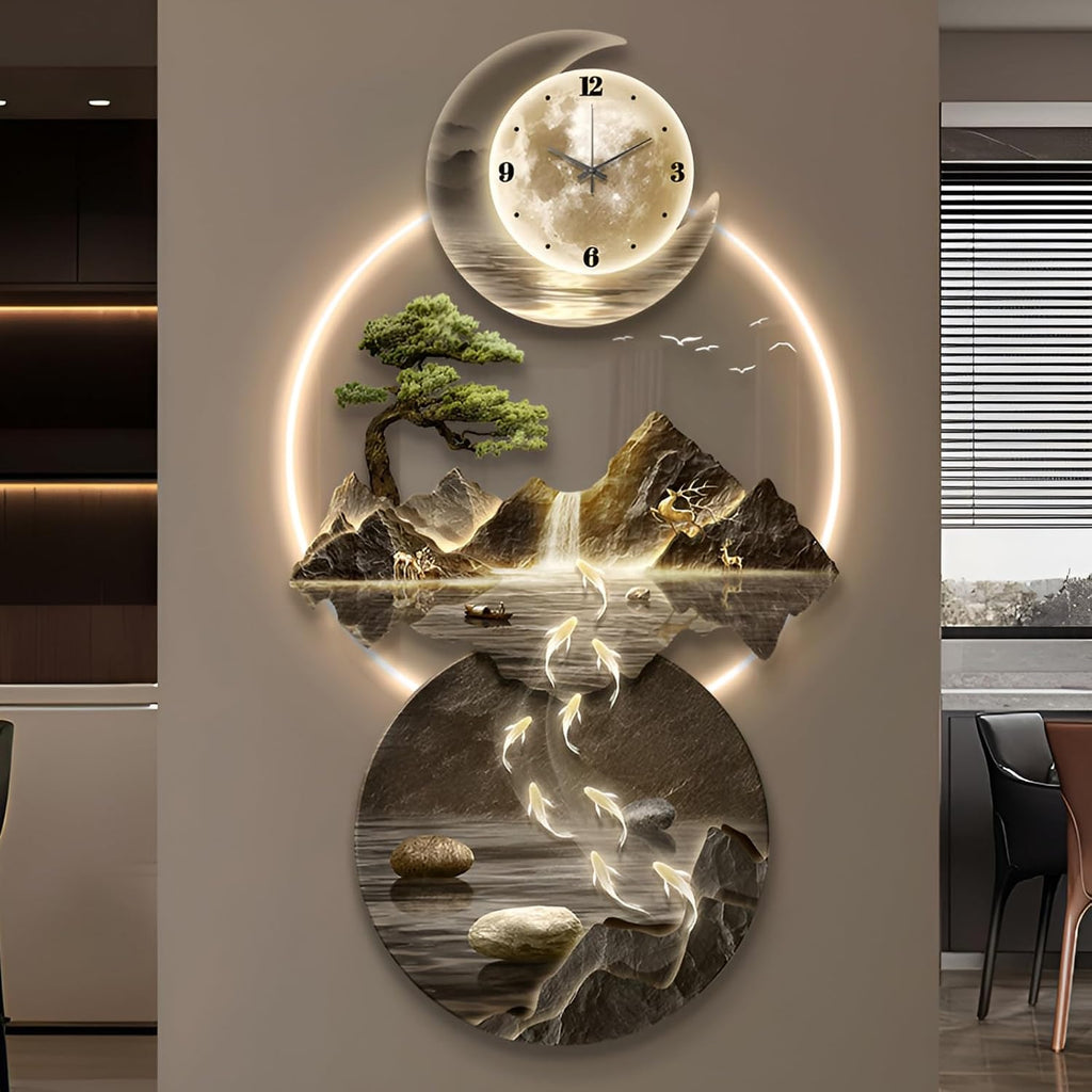 XQDYSG Wall Sculptures 3D Wall Art Decor Clock Plug-in Power Supply Home Decor Wall Modern Wall Hanging Sculpture Painting with LED Light for Bedroom Living Room Apartmen(Stylle E,27.55 * 55.11IN)