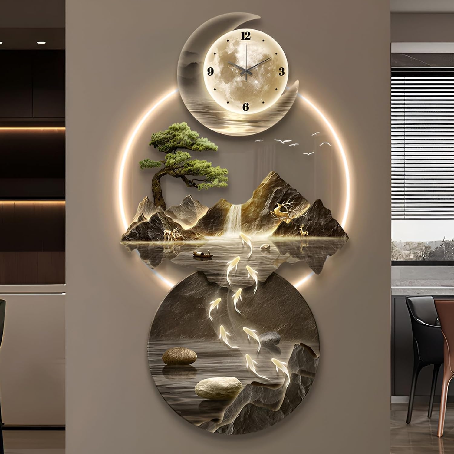 XQDYSG Wall Sculptures 3D Wall Art Decor Clock Plug-in Power Supply Home Decor Wall Modern Wall Hanging Sculpture Painting with LED Light for Bedroom Living Room Apartmen(Stylle E,19.6 * 39.37IN)
