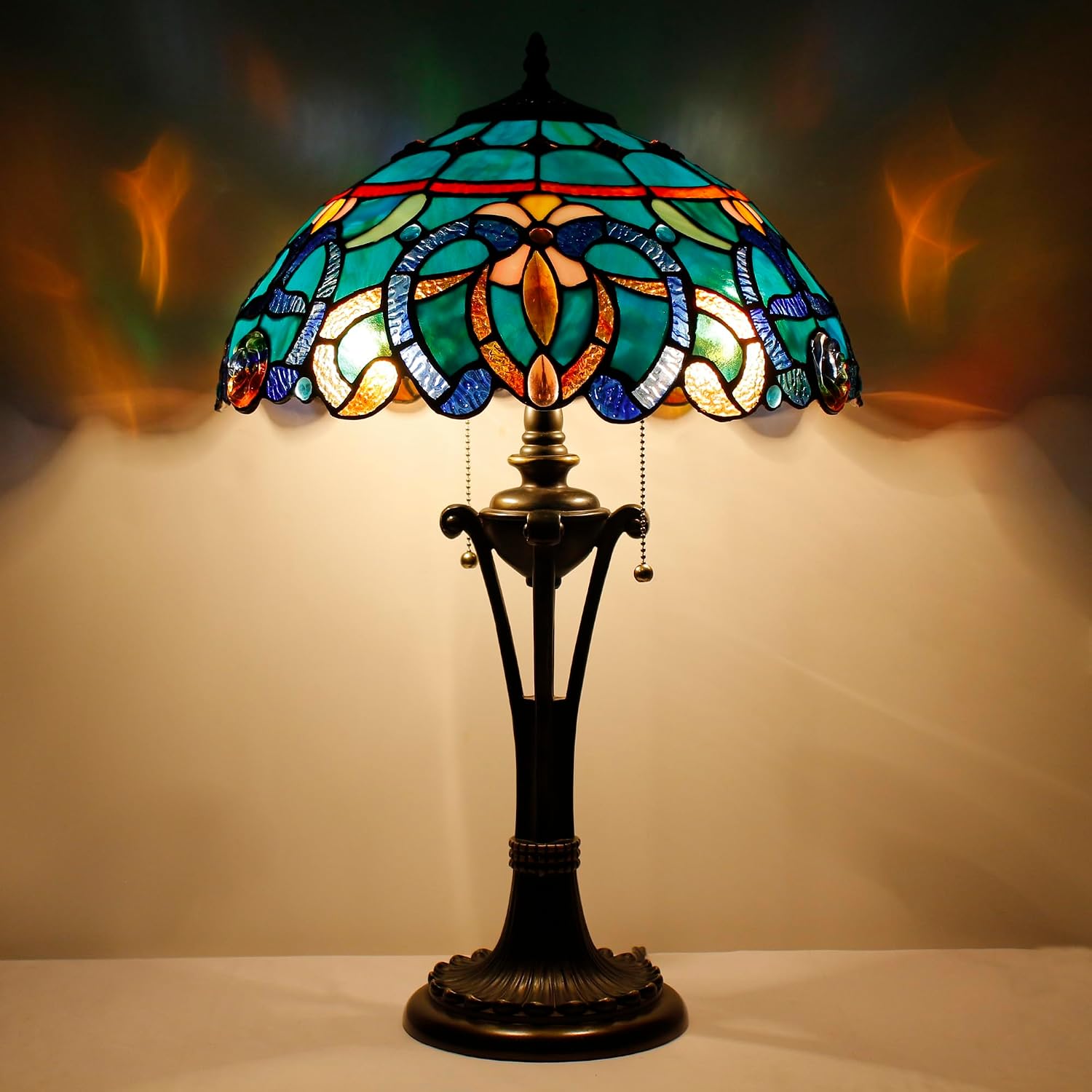 Tiffany Table Lamp 24 Inch Stained Glass Desk Lamp Blue Green Baroque Reading Light for Bedroom Living Room Bedside Nightstand