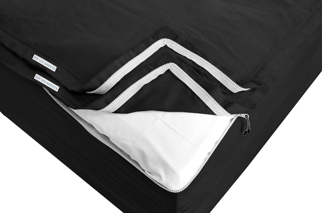 Zip On Sheets™ Zipper Fitted Sheet Queen Size - Upto 16' Inch Deep Pockets - Includes 1 Fitted Sheet Base & 2 Zip-On Sheets - Easy to Use, Sateen Cotton 500 TC Fitted Sheet - Black