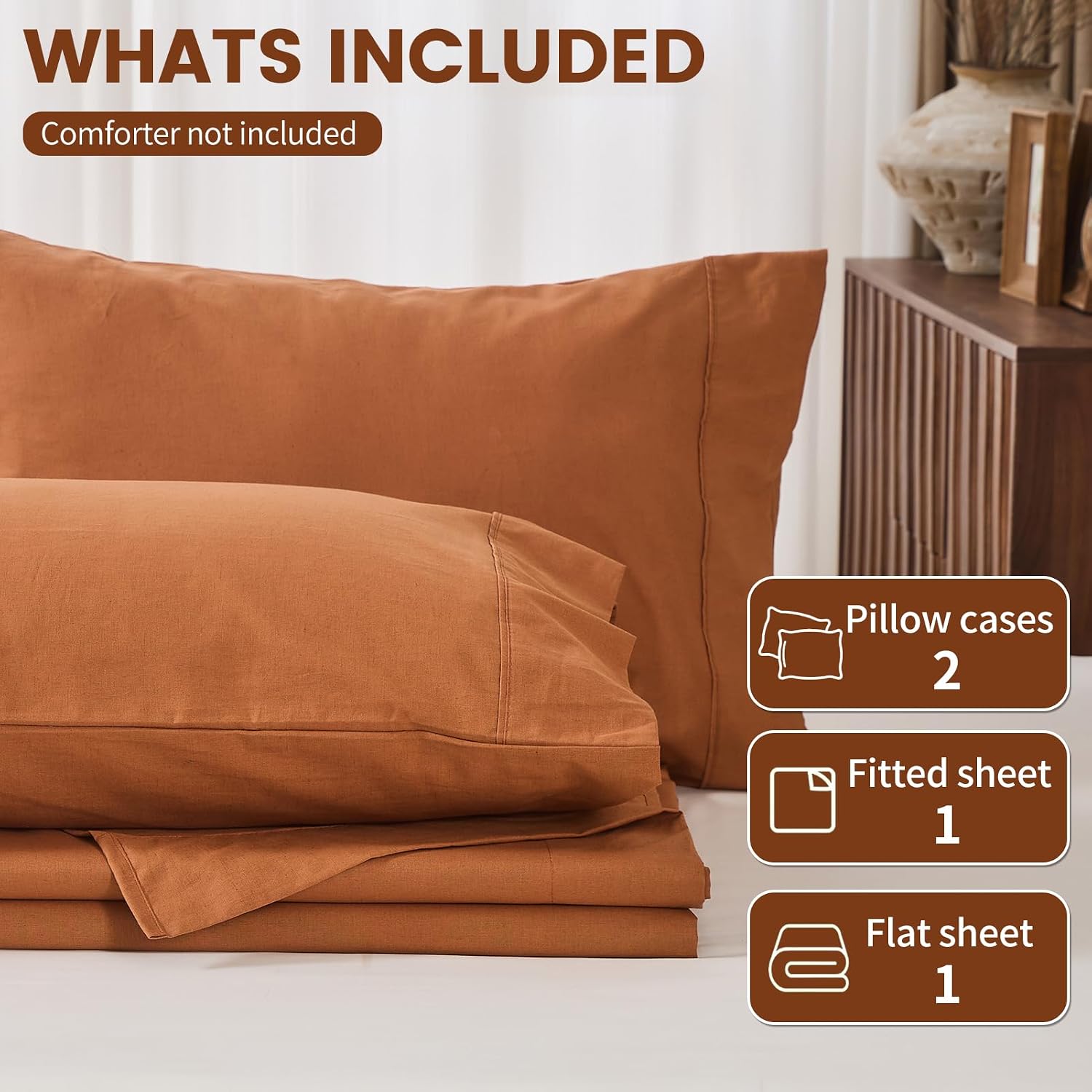 100% Linen Sheets Queen Size,Breathable & Durable 4-Piece Bed Flax Sheet Set,Soft All-Season Bedding for Hot Sleepers 16' Deep Pocket Oeko-TEX Certified,（Queen, Brown）