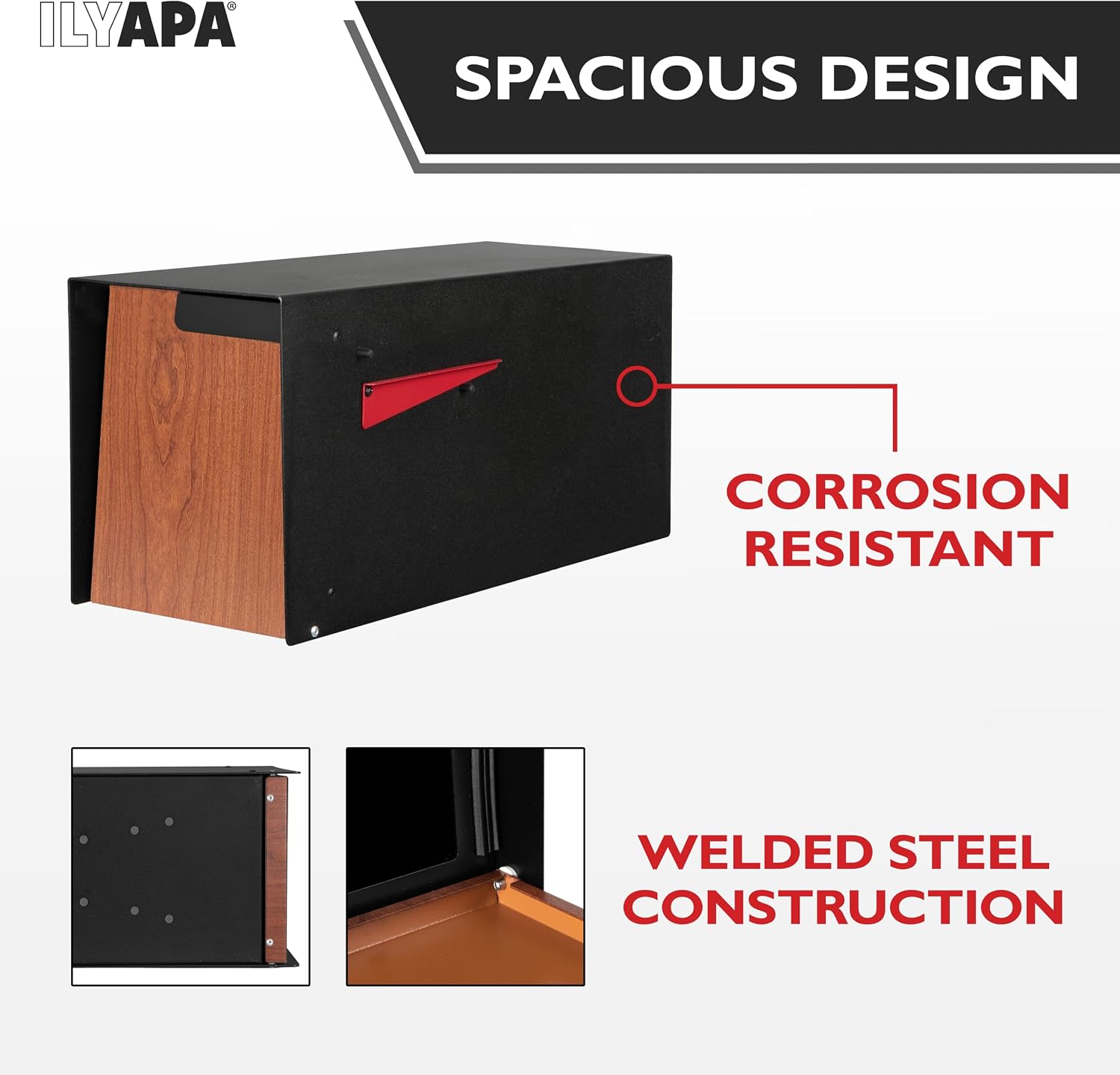 Ilyapa Modern Mailbox Post Mount with Heavy-Duty Metal Mail Box & Redwood Grain Trim, Plus Durable 43' Black Dual Mailbox Post with Universal Mounting for Outside.
