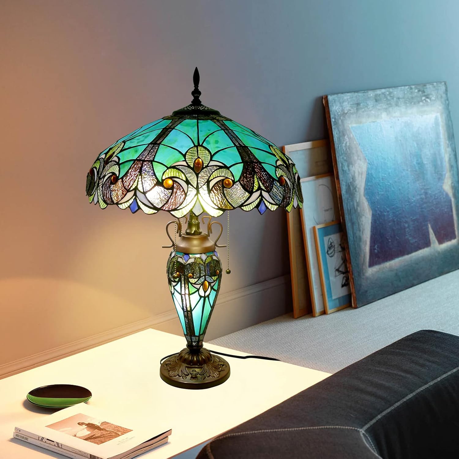 Tiffany Lamp Green Handmade Stained Glass Table Lamp Desk Light 18' Wide 24' Tall Vintage Tiffany Style Table Lamp for Bedroom Living Room Home Office, LED Bulb Included