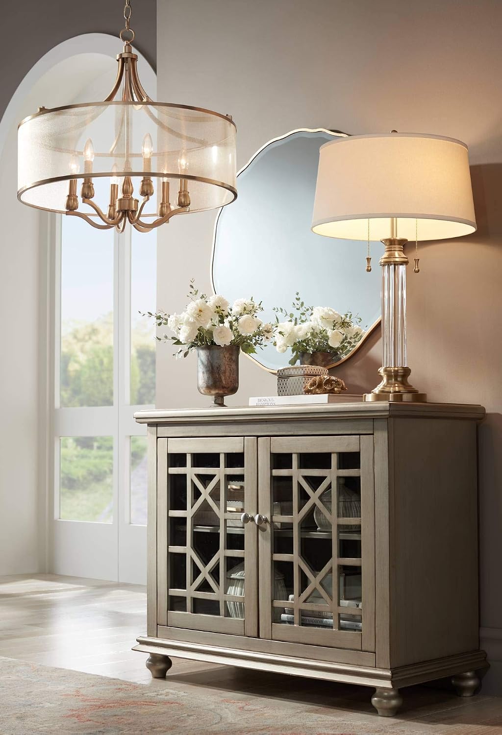 Vienna Full Spectrum Rolland Traditional 3-Way Table Lamp with Table Top Dimmer 30' Tall Antique Brass Glass Column Off White Tapered Drum Shades for Living Room Bedroom House Bedside Nightstand