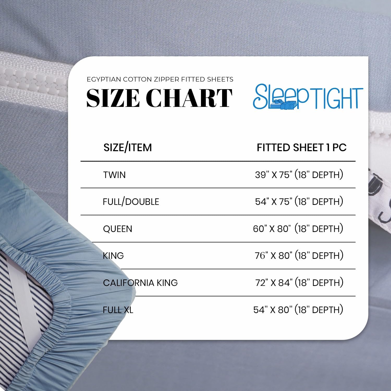 Sleep Tight Zipper Fitted Sheet Set – Includes 1 Fitted Base & 2 Zip Sheets – 100% Cotton, 600 Thread Count, Zip Sheet Set, Extra Deep Pockets (15') (Dark Blue, Queen)