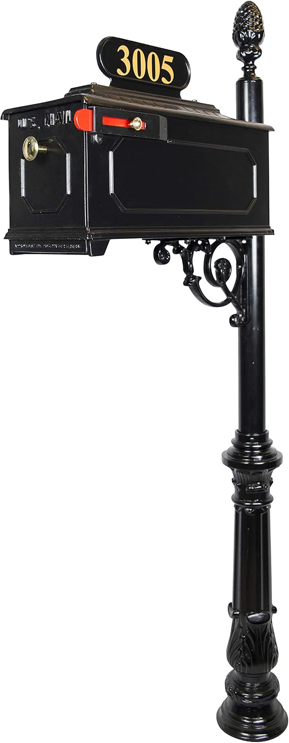 Emerson Black Mailbox with Address Plaque, Flag, and Numbers Included Complete Luxury Mailbox and Post Combo Kit (Emerson)