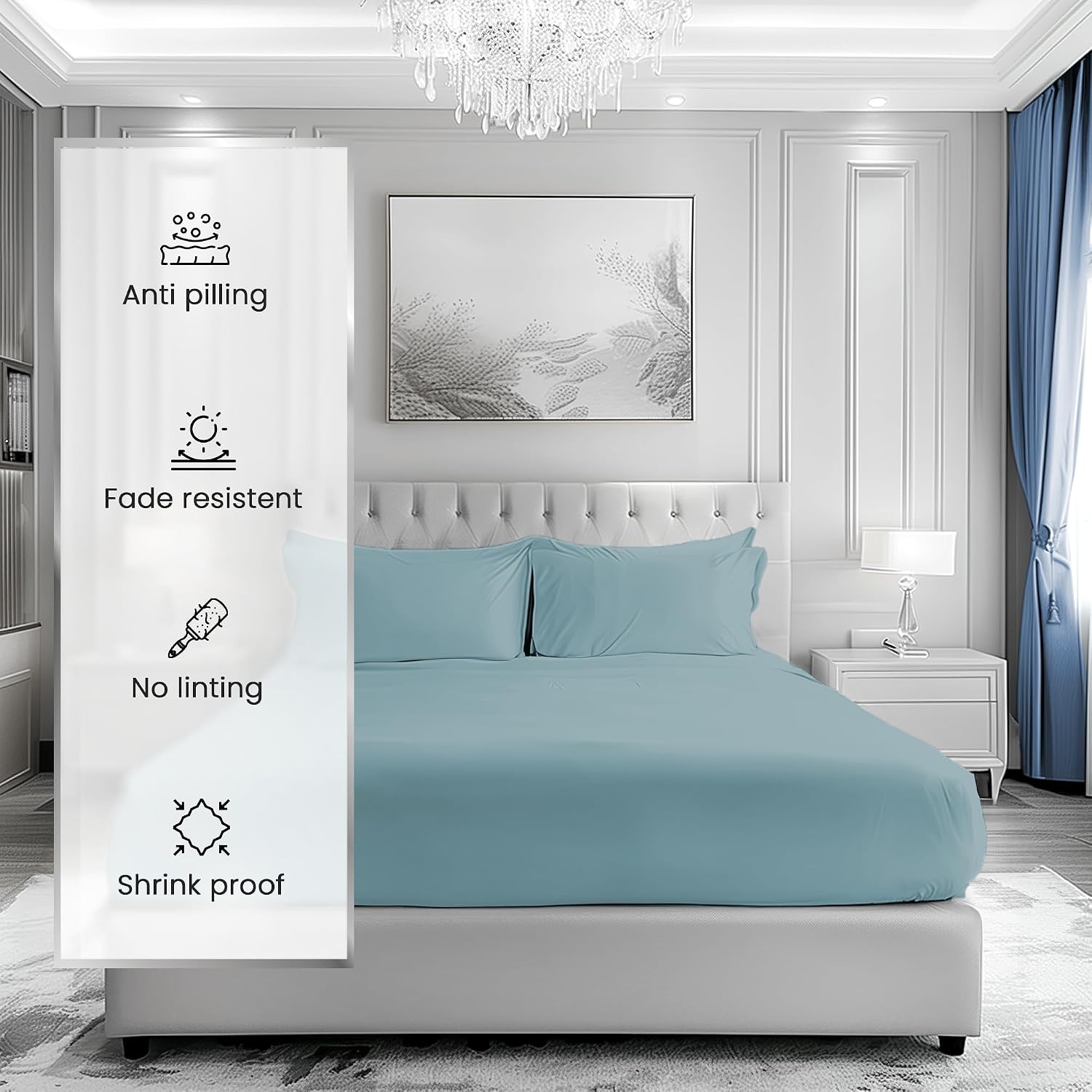100% Cotton Sheets For King Size Bed, Certified 1000 TC Deep Pocket King Sheet Set, Elasticated Sheet & Pillowcase Sets, No Pill & Shrink, Soft & Comfy Naturally Cool & Breathable- French Blue