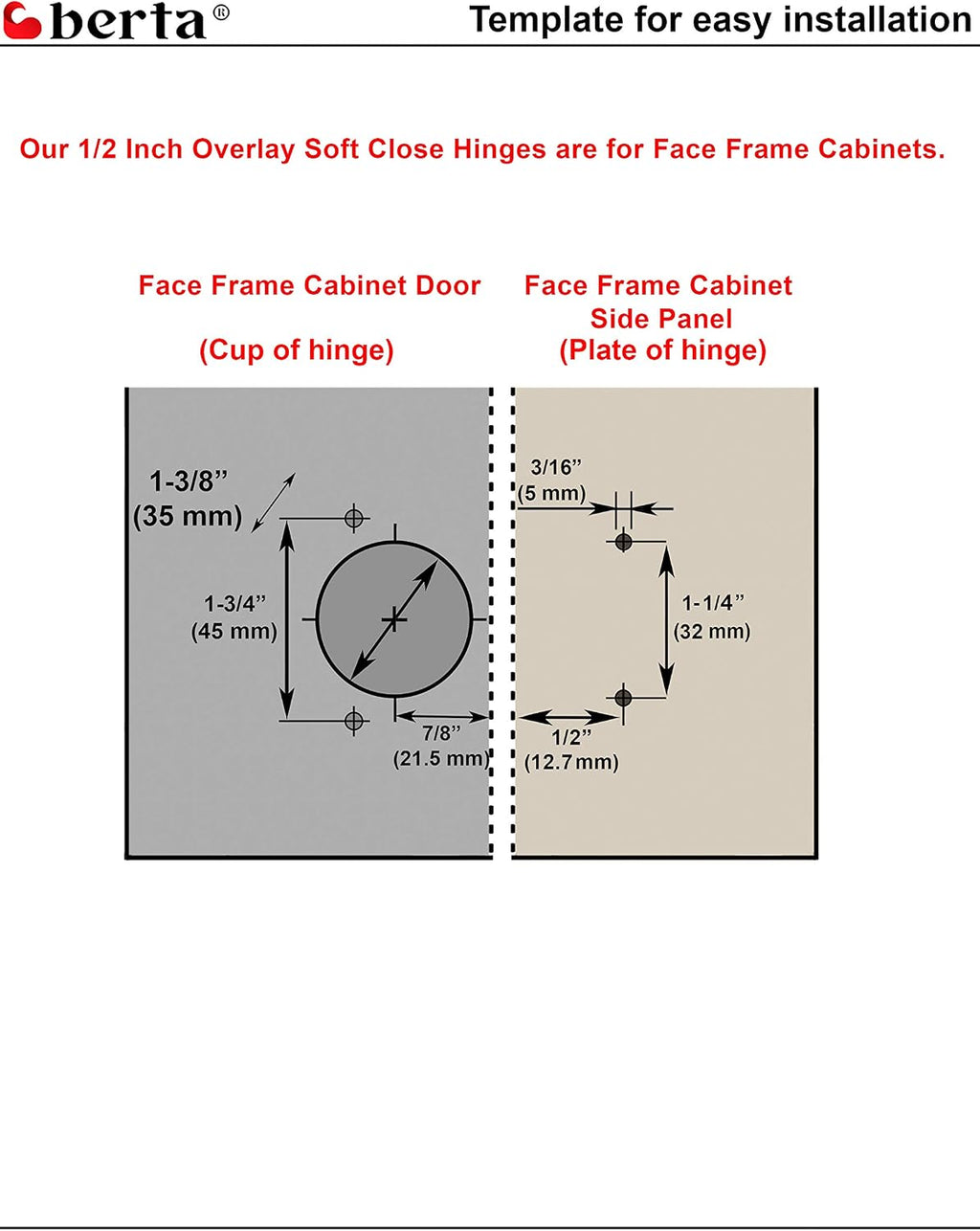 Berta 100-Pack, Full Overlay Cabinet Door Hinges,105 Degree Adjustable Concealed Kitchen Cabinet Hinges Soft Close for Face Frame Cabinet, with Screws - Durable and Easy Installation