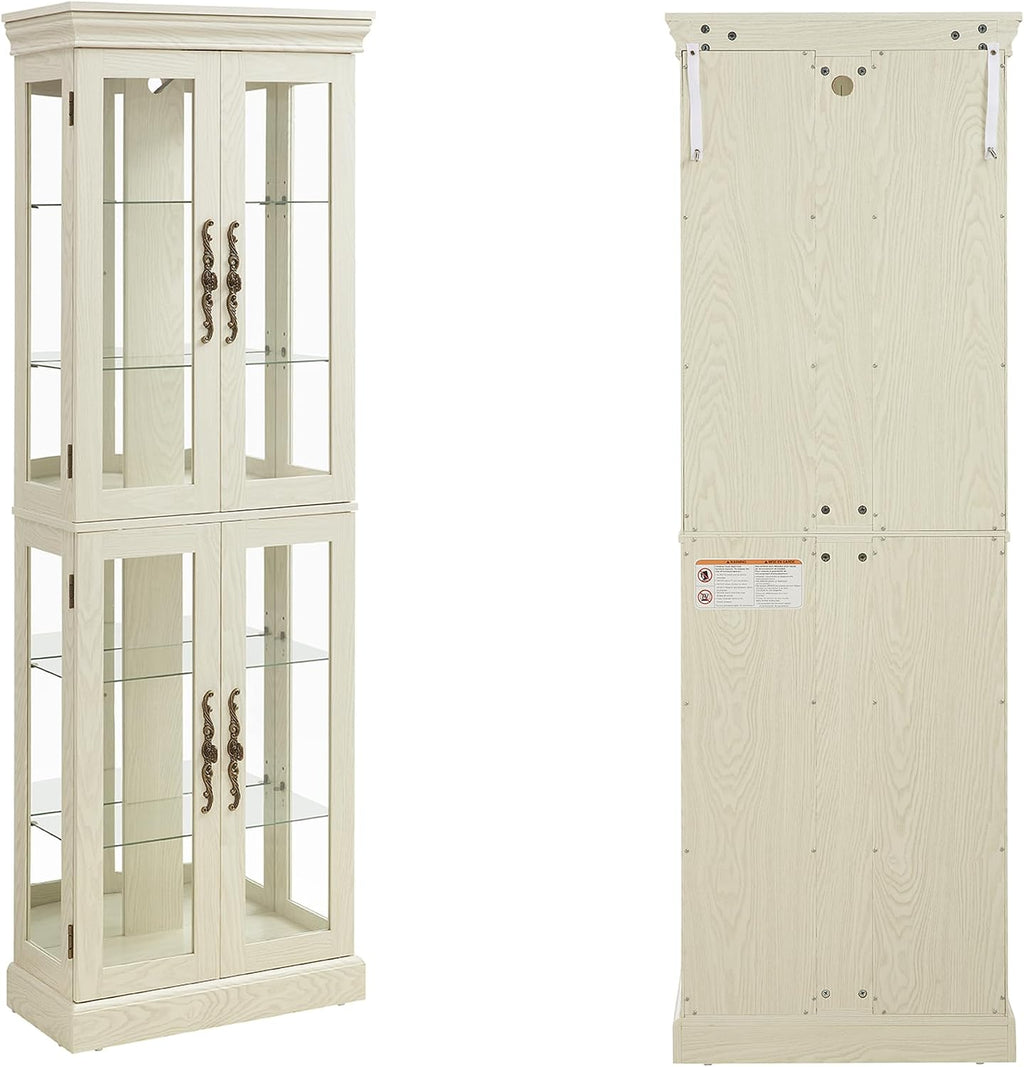 71' H Lighted Curio Cabinet Display Case, Glass Curio Cabinets with Adjustable Shelves and Tempered Glass Door, Wooden Cabinet w/Mirrored Back Pane for Living Room (Antique White)