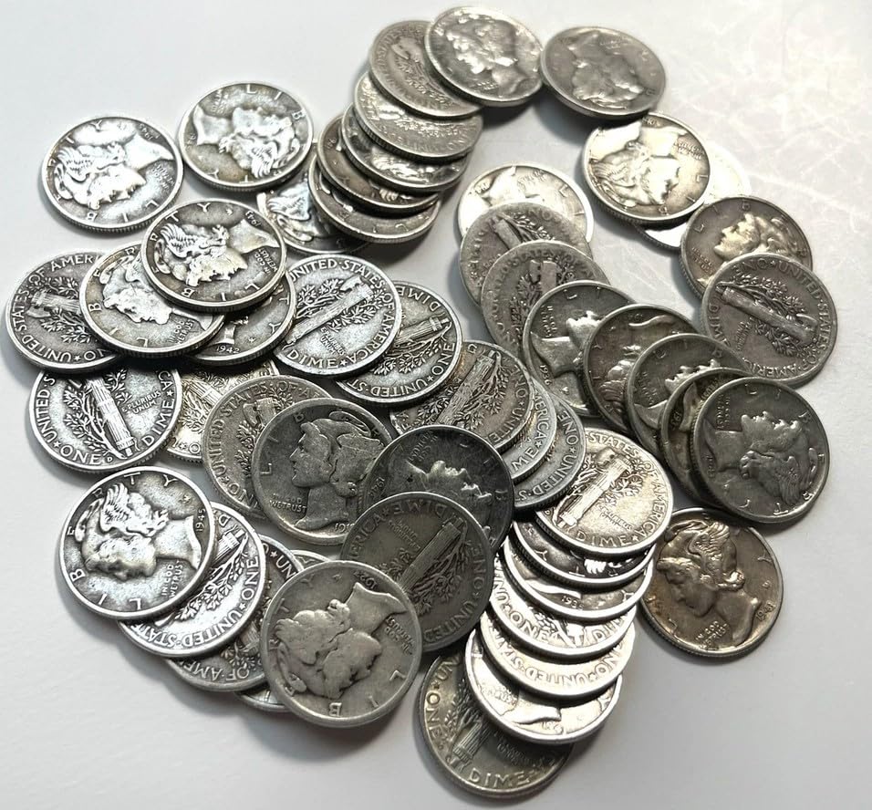 Mercury and Roosevelt Silver Dimes, 90% Silver, 50-Coin Mixed Date Roll Circulated