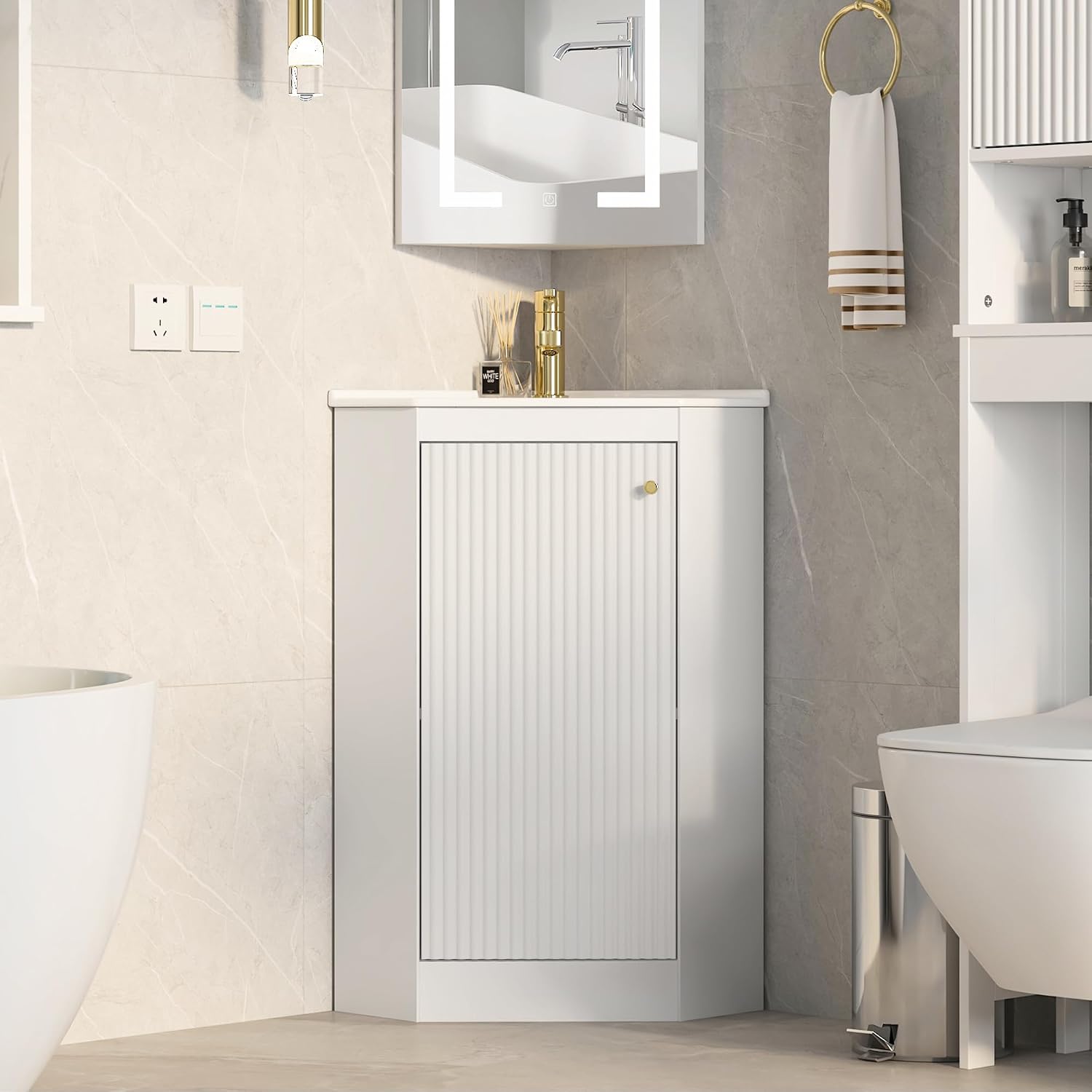 24' Corner Bathroom Vanity Sink Combo for Small Space, Freestanding Compact Space Bathroom Storage Cabinet with White Ceramic Sink, Wall Mounted Modern Vanity,White