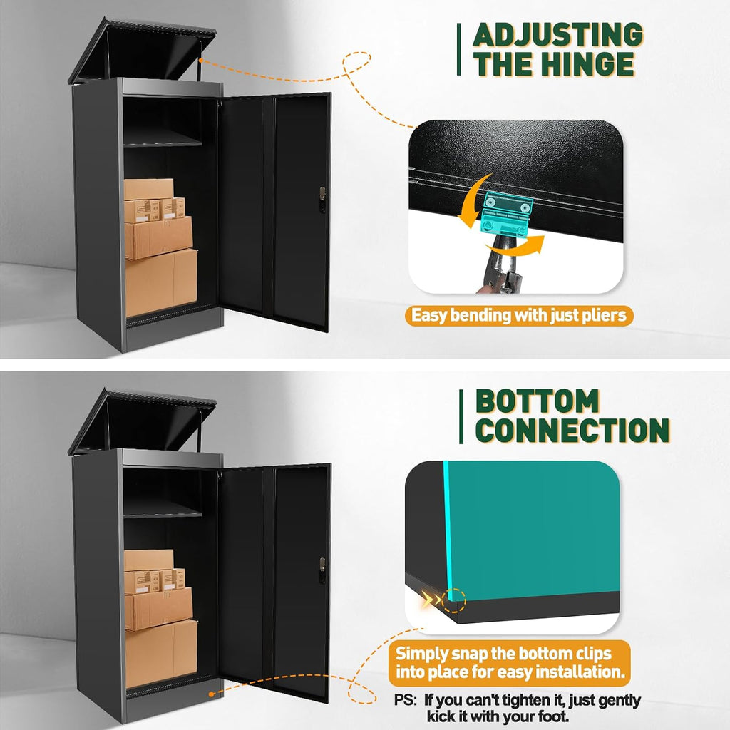 41.3' Package Delivery Box for Outside - Lockable Black Metal Parcel Drop Box, Anti-Theft, IPX4 Waterproof, Weather-Resistant Mailbox for Porch, Fence, Curbside (L)