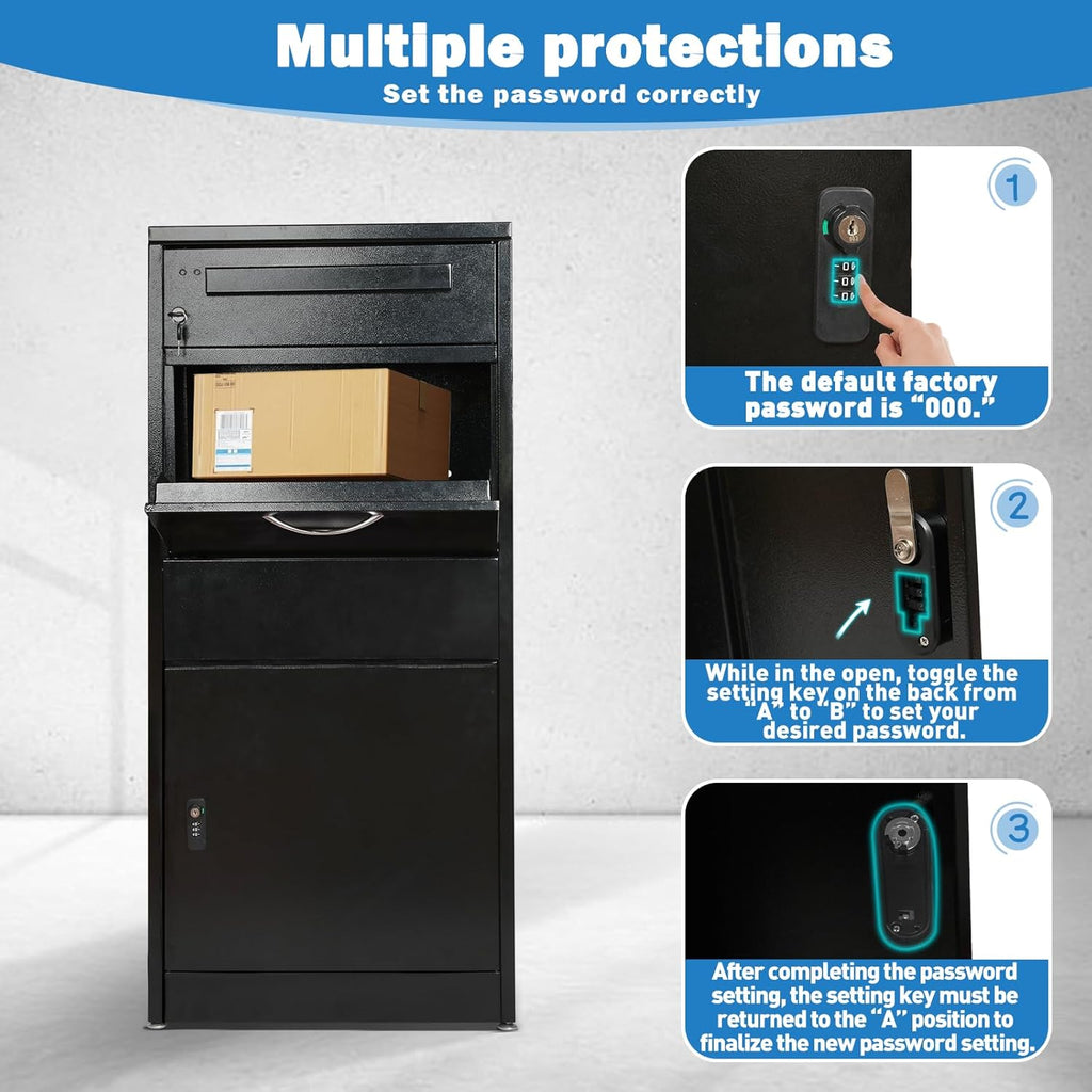 45' Package Delivery Box for Outside - Lockable Black Metal Parcel Drop Box, Anti-Theft, IPX4 Waterproof, Weather-Resistant Mailbox for Porch, Fence, Curbside (XXL: 45.1' * 14.37' * 19.1')