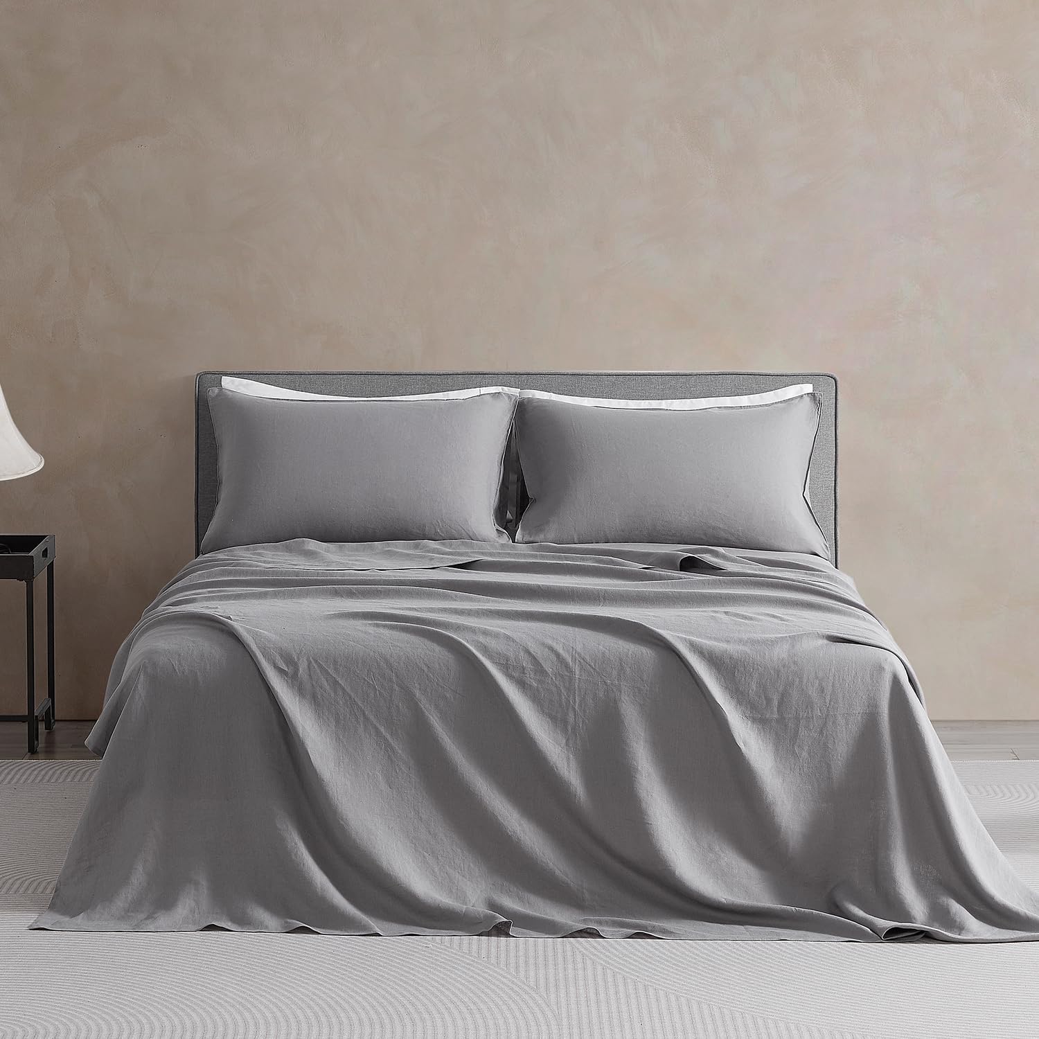 DAPU Pure Linen Sheets Set, 100% French Linen from Normandy, Breathable and Durable for Hot Sleepers, 4 Pcs Set - 1 Flat Sheet, 1 Fitted Sheet, 2 Pillowcases (Earl Gray, Queen)