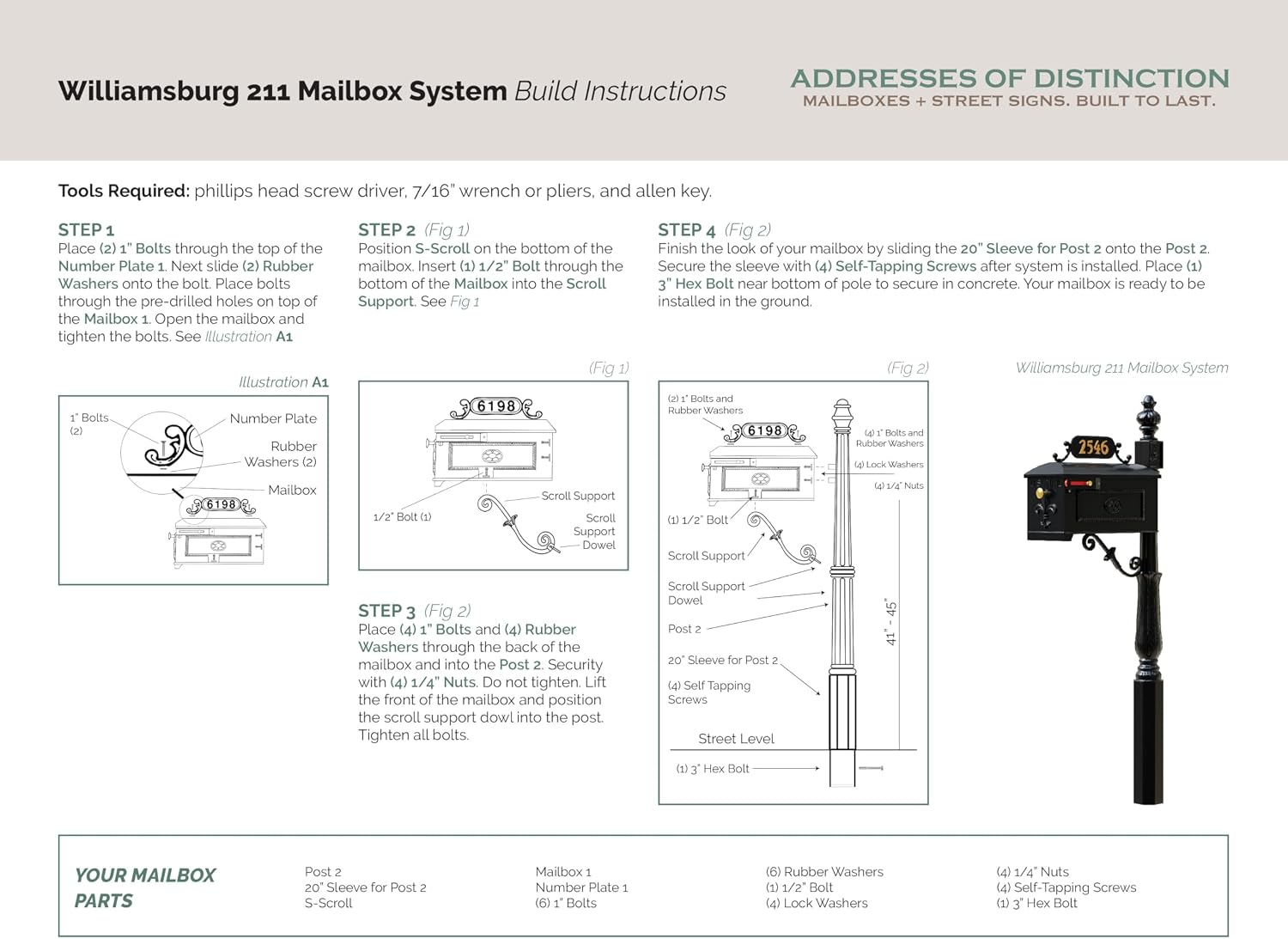 Williamsburg Style 211 Black Aluminum Mailbox and Post System