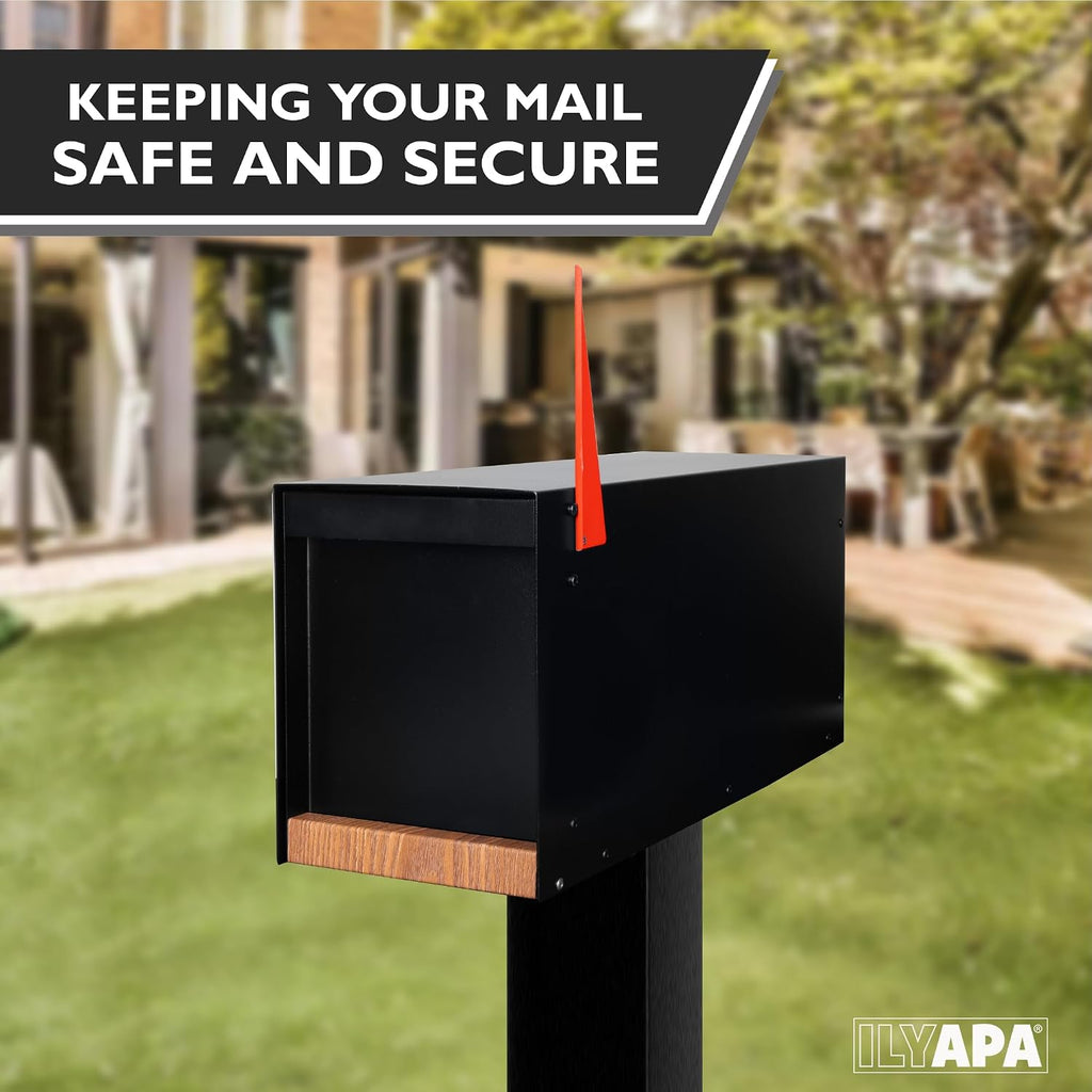 Ilyapa Black Modern Mailbox Post Mount - Mailboxes for Outside - Metal with Printed Ash Wood Grain Trim - Powder Coated Steel - All Weather Resistant