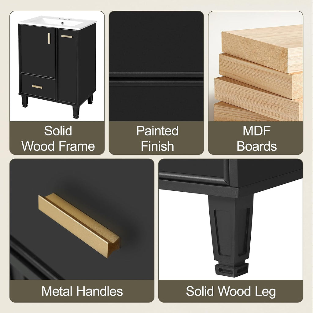 Harper & Bright Designs 24' Bathroom Vanity with Sink, Free Standing Vanity Set with Door Shelf, Deep Drawer, and 2-Tier Pull-Out Basket, Wood Storage Cabinet with Ceramic Basin for Bathroom, Black