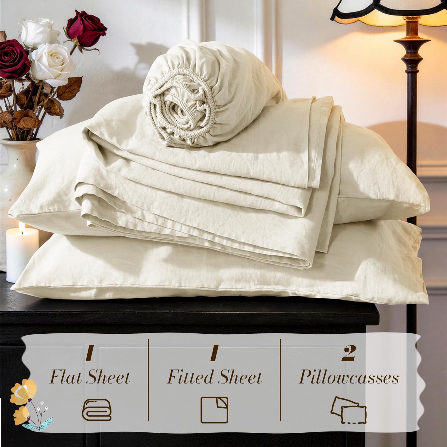 SONORO KATE 100% French Pure Linen Queen Size Sheets, Breathable and Durable, 16 Inch Deep Pocket - 4 Piece (Cream)