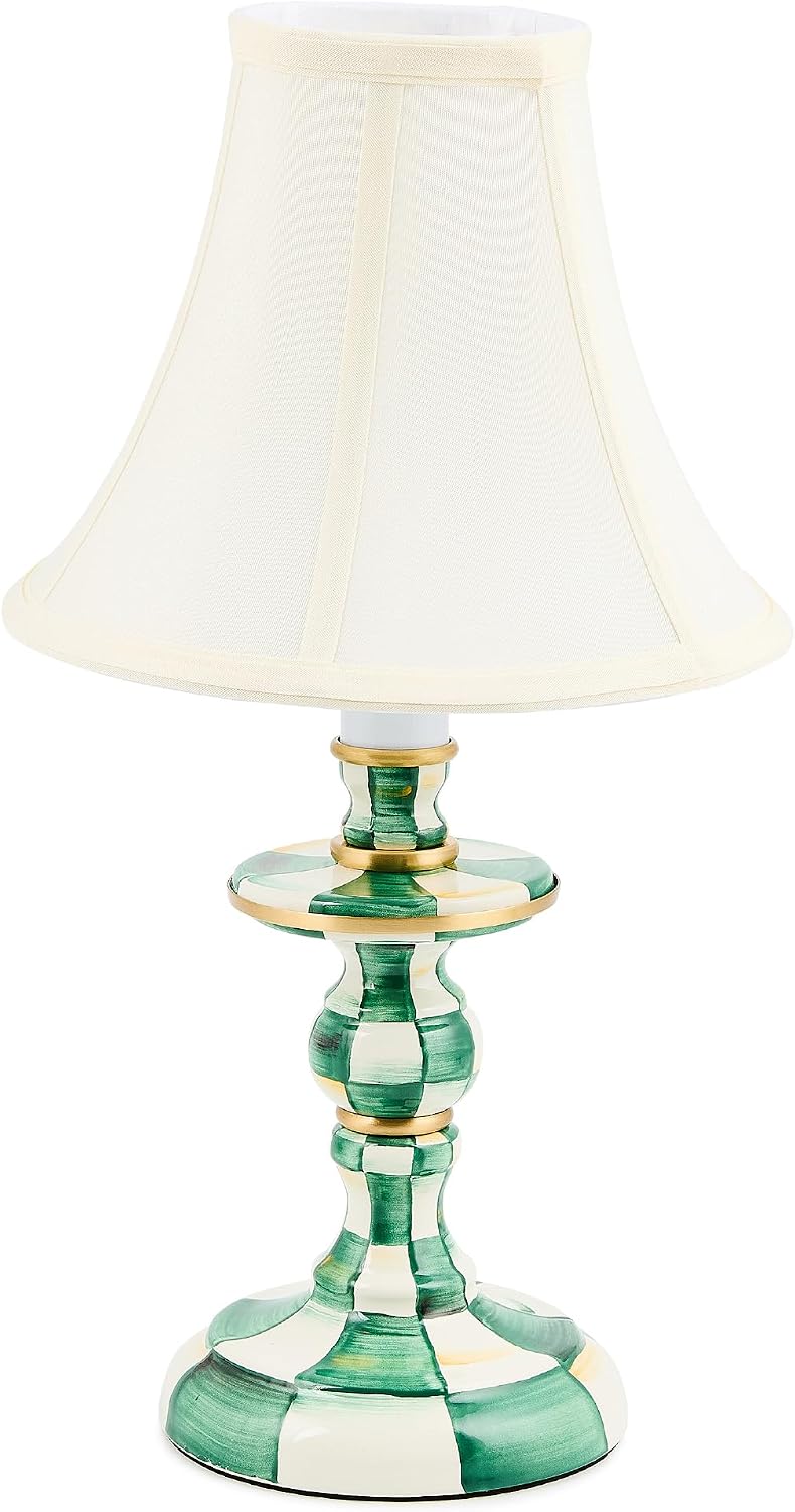 MACKENZIE-CHILDS Candlestick Lamp, Decorative Living Room and Bedroom Lamp, Green-and-White Emerald Check
