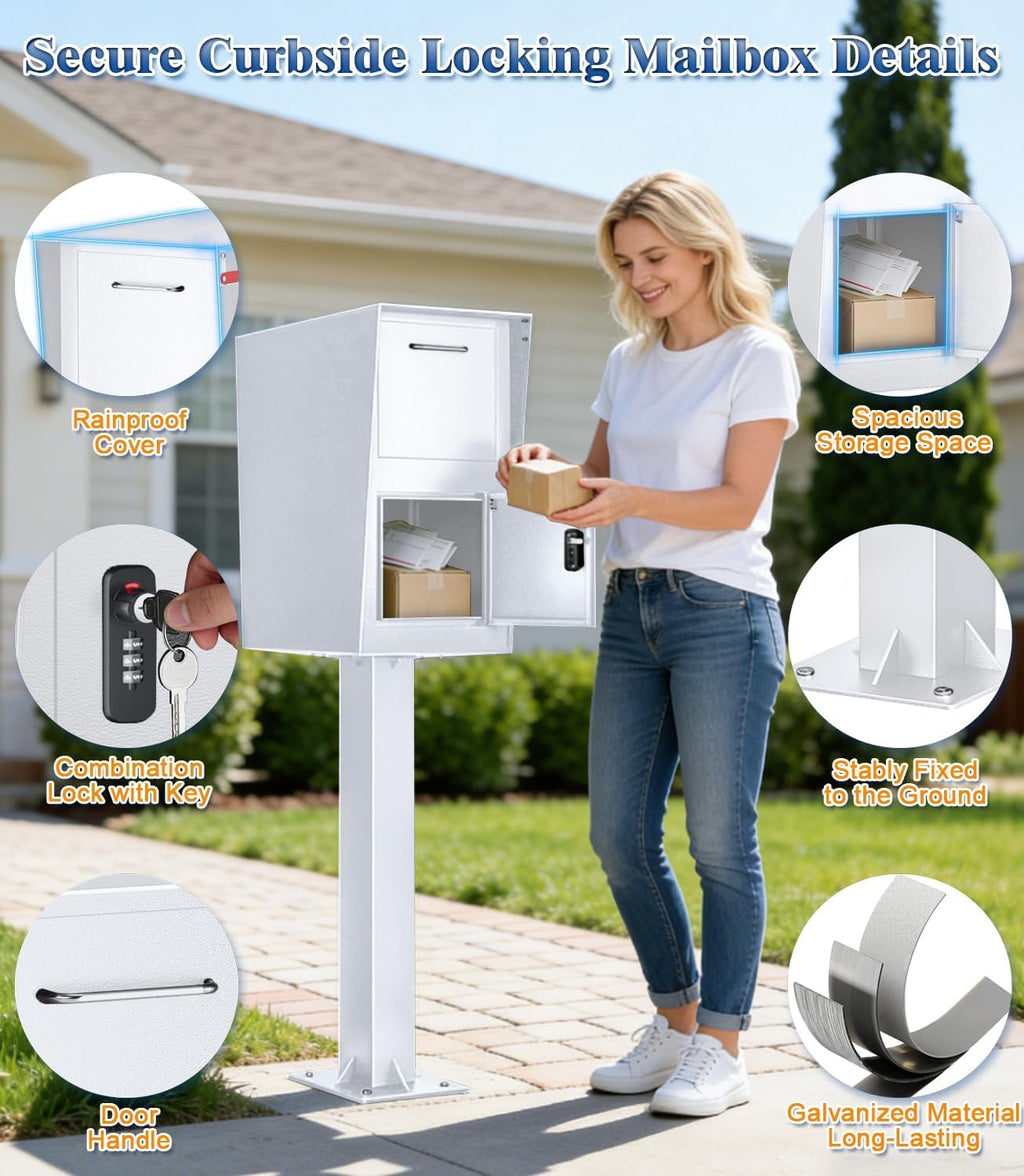 Post-Mount Mailbox, Mailboxes for Outside Weather Resistant, Large Outdoor Mailboxes, Mail Manager Curbside Locking Security Mailbox, Galvanized Steel Heavy Duty Mailbox, Easy to Instal (White)