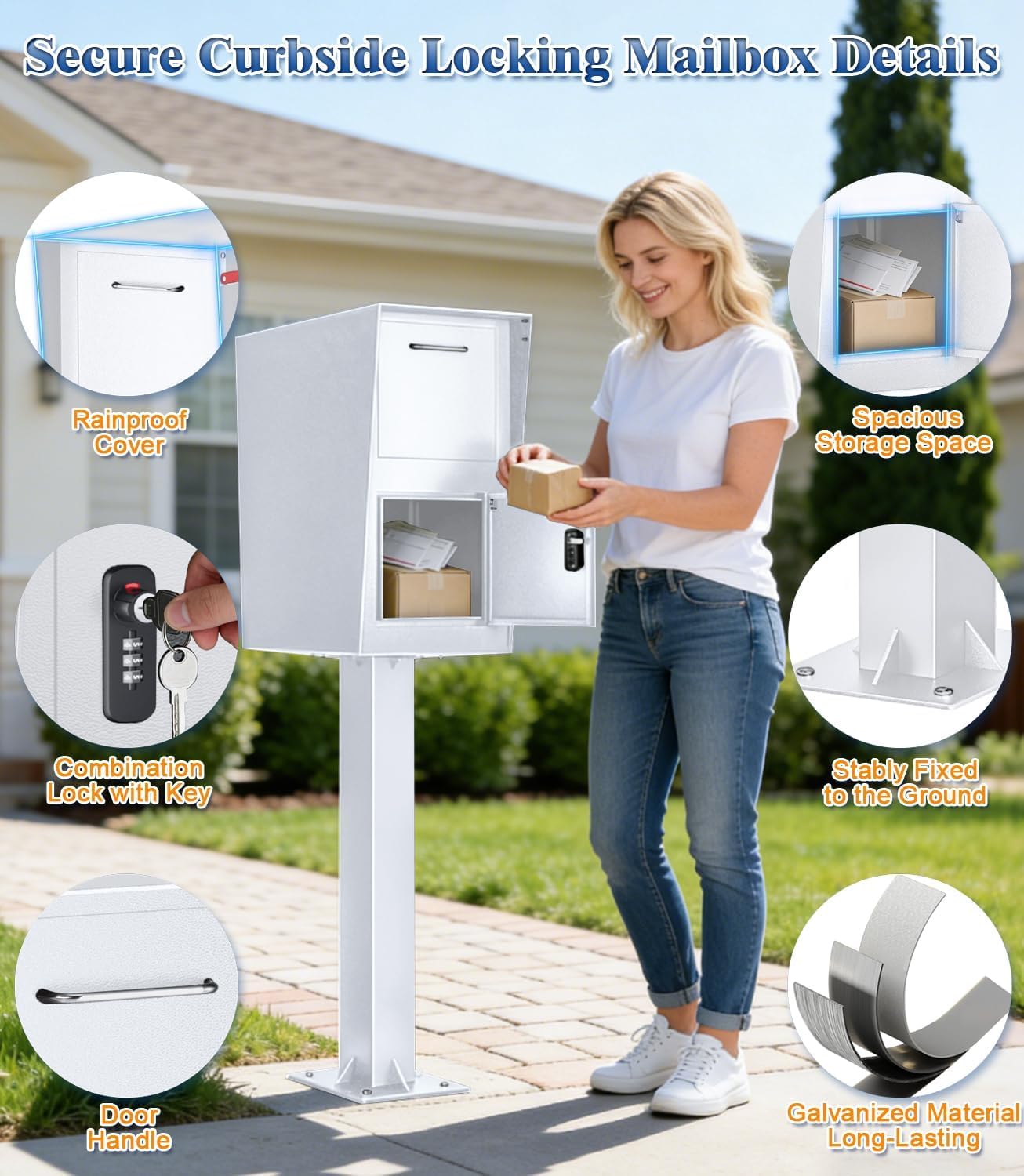 Post-Mount Mailbox, Mailboxes for Outside Weather Resistant, Large Outdoor Mailboxes, Mail Manager Curbside Locking Security Mailbox, Galvanized Steel Heavy Duty Mailbox, Easy to Instal (White)