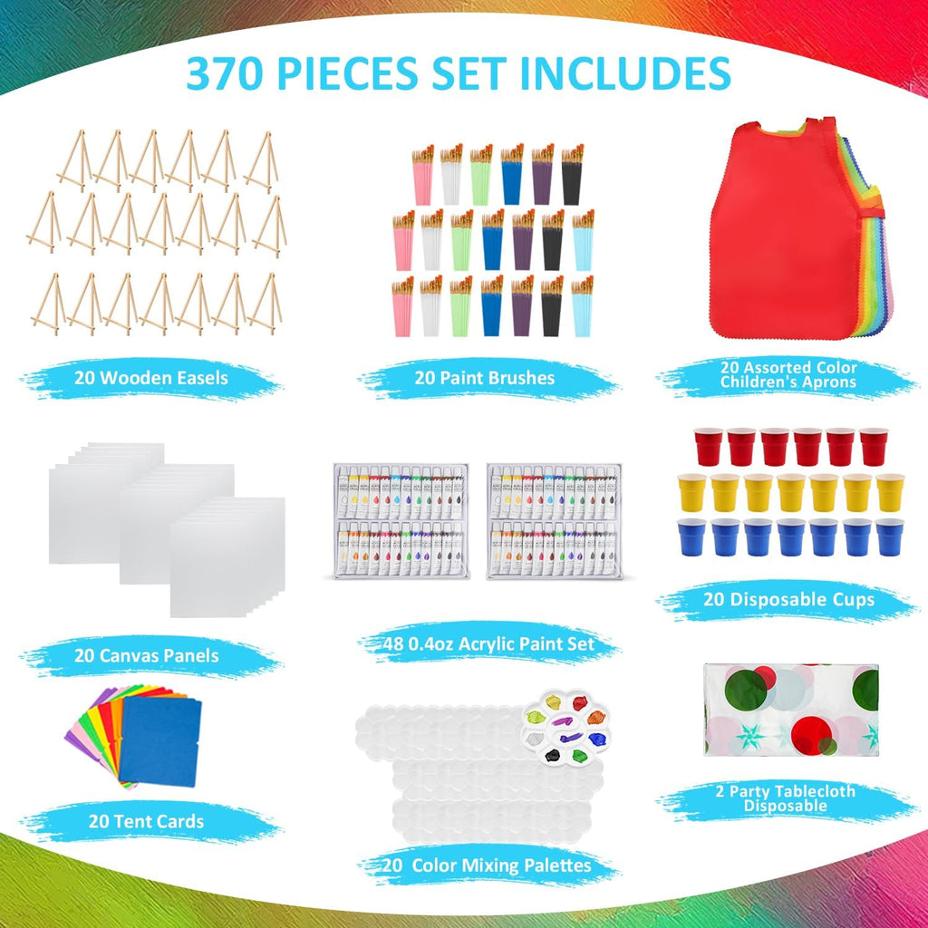 Rabbitale 370 Pcs Art Painting Kit Supplies Set for Party - 200 Paint Brushes, 48 Acrylic Paints, 20 Wood Easels & Canvas Panels & Palettes & Aprons & Wash Pen Cup, 2 Plastic Tablecloth