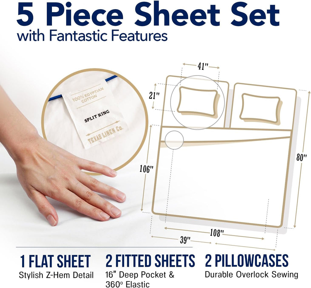 TEXAS LINEN CO. 100% Egyptian Cotton Split King Sheet Sets - Luxury 1000 Series Lonestar Lovin' Collection Split King Sheet Set (5 PC, Deep Blue), Cooling, 16' Deep Pocket Sateen Hotel Bed Sheets