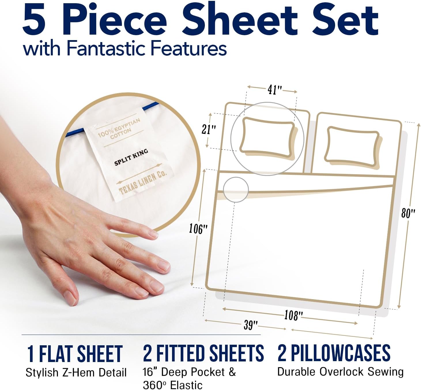 TEXAS LINEN CO. 100% Egyptian Cotton Split King Sheet Sets - Luxury 1000 Series Lonestar Lovin' Collection Split King Sheet Set (5 PC, Deep Blue), Cooling, 16' Deep Pocket Sateen Hotel Bed Sheets