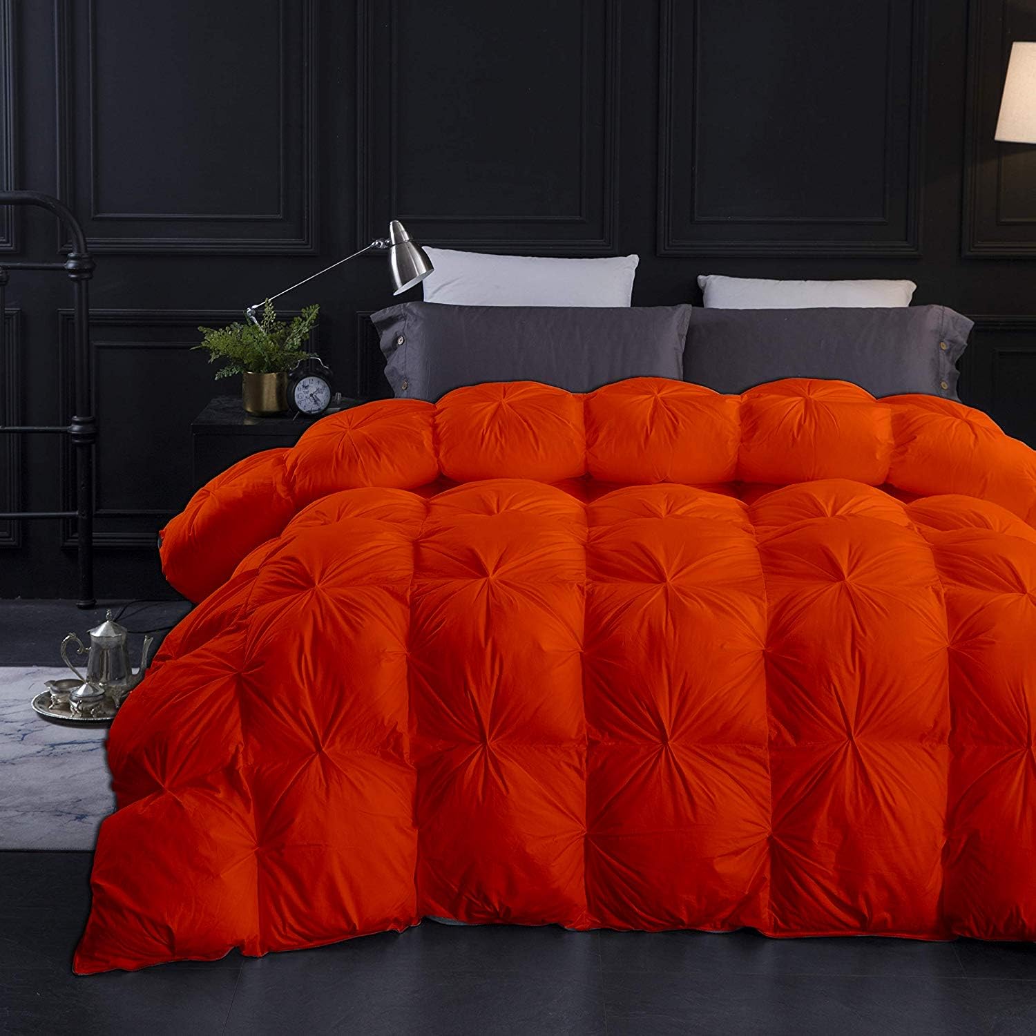 Orange Solid Fluffy Soft 1000-TC Pinch Pleated Down Comforter- Oversized Queen Size 98 x 98 Inches 1 Piece All-Season Duvet Insert, 500 GSM with Corner Tabs 100% Egyptian Cotton- (Orange)