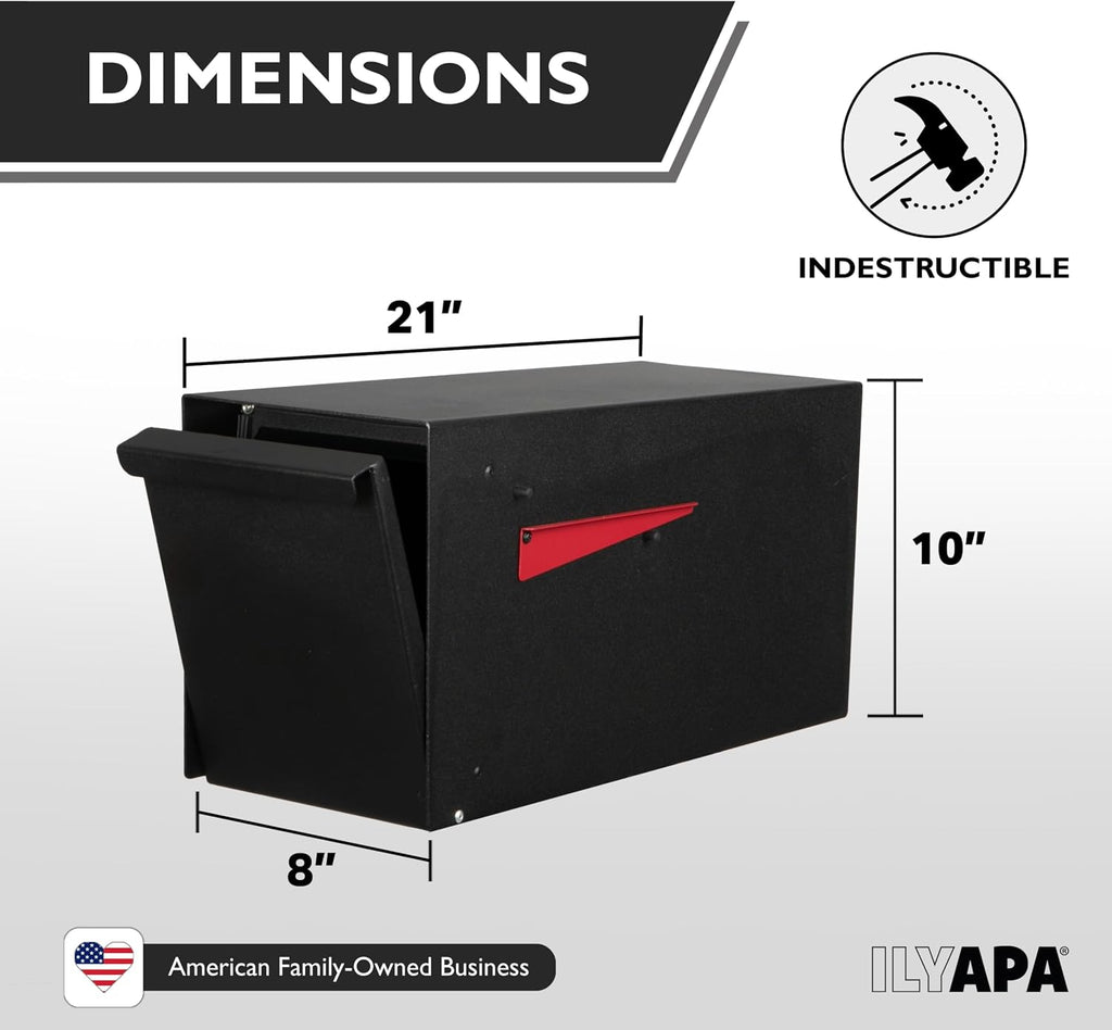 Ilyapa Indestructible Heavy Duty Modern Mailboxes for Outside Post Mount - 21x10x 8 Inch Large Mailbox, Black Heavy Gauge Metal Mail Box - Mail Boxes for House Outside, Rural, Residential or Curbside