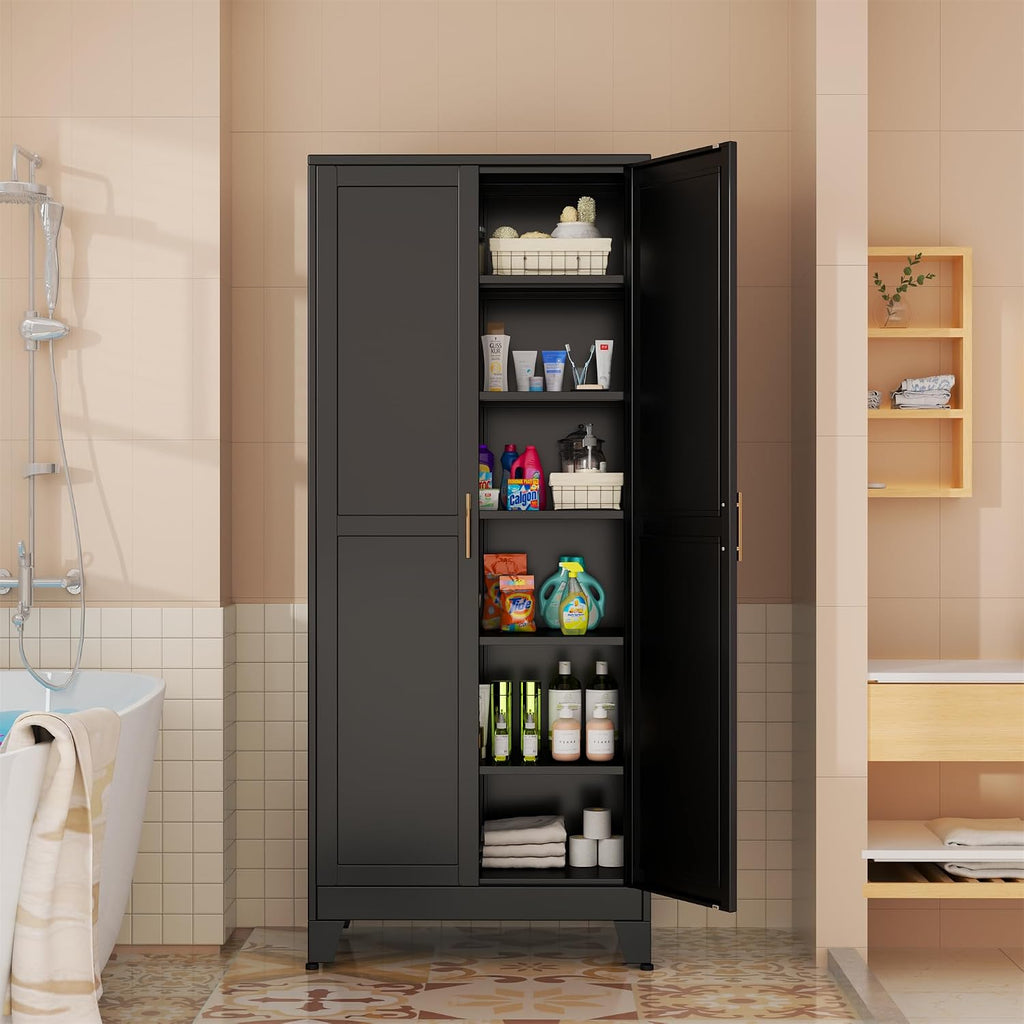 erosoei 75.2'H Metal Kitchen Pantry Storage Cabinet, Storage Cabinets with Adjustable Feet and Shelves,Food Pantries Cupboard for Kitchen, Living Room, Laundry Room and Dinning Room（Black）