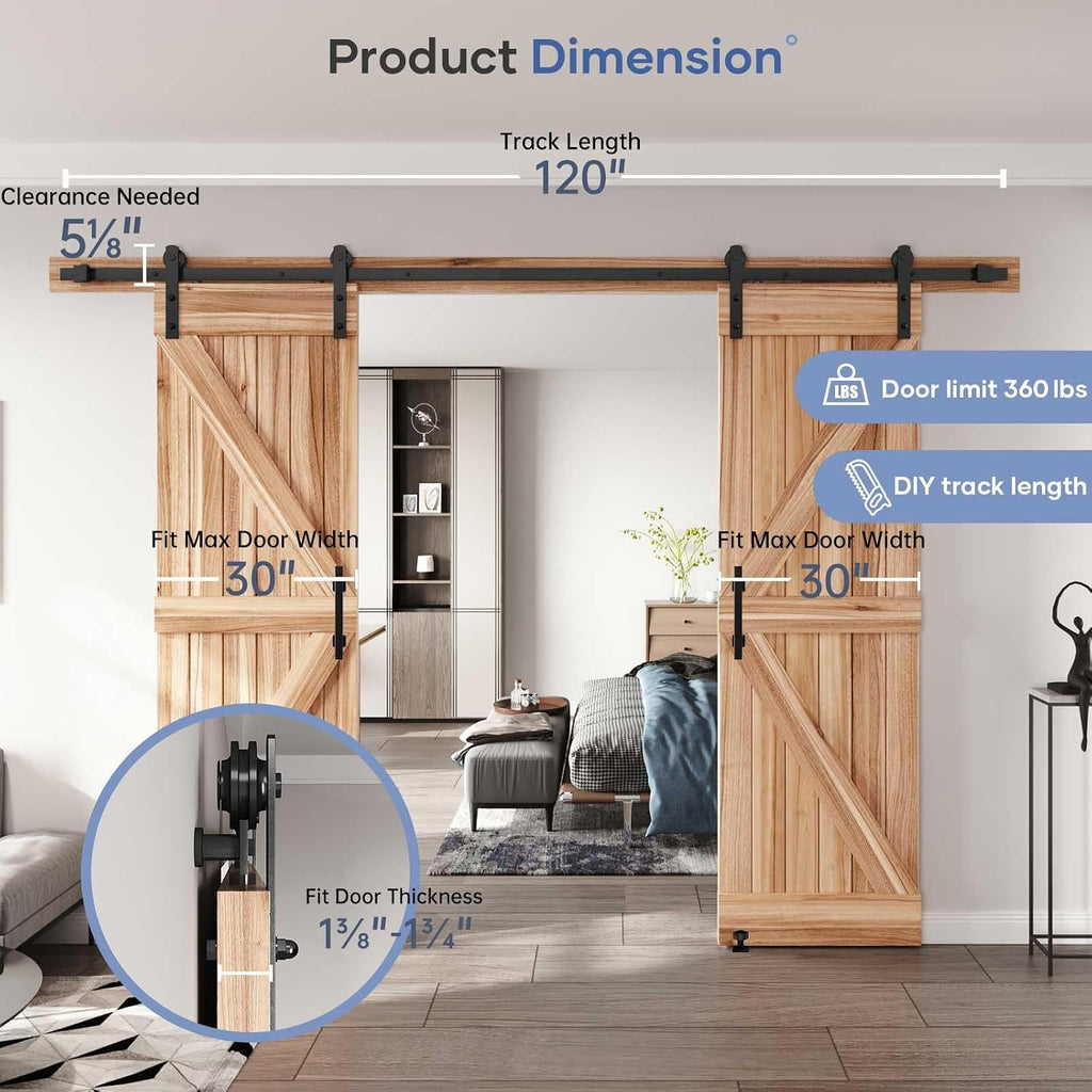 EaseLife 10 FT Double Sliding Barn Door Track and Handle Hardware Kit,Straight Pulley,Slide Smoothly Quietly,Easy Install (10FT Track Kit for 27'~30' Wide Double Door)
