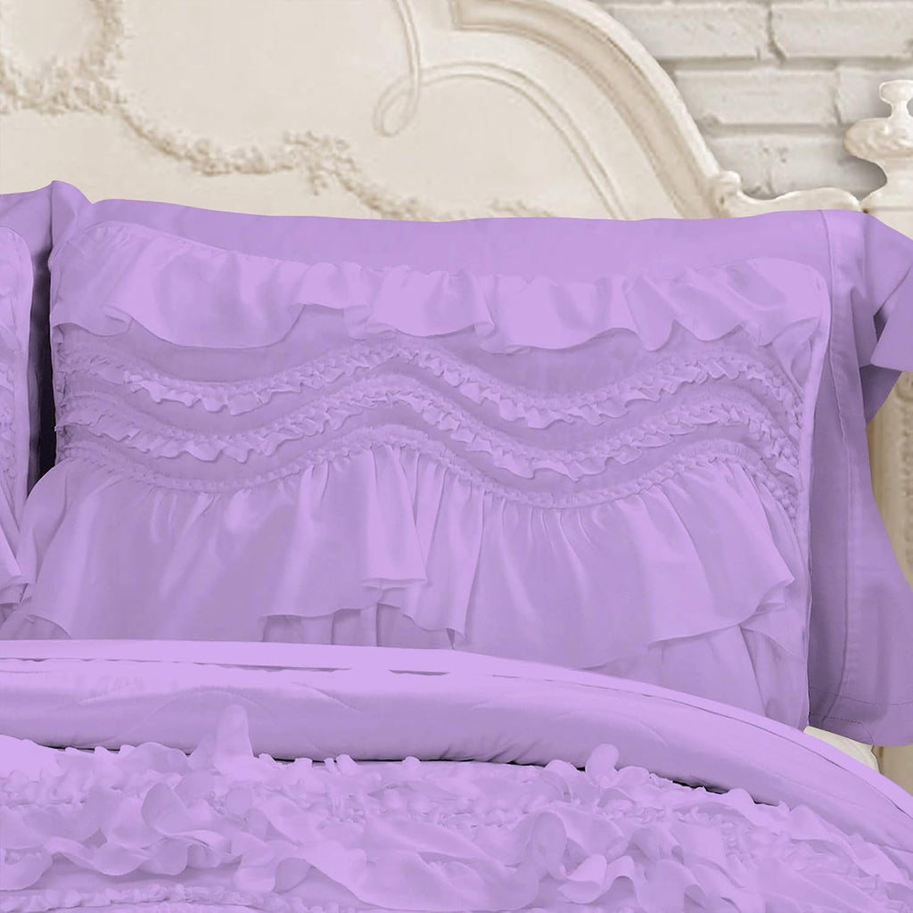 100% Egyptian Cotton, 550 GSM Microfiber Filled Quilt Ruffled Textured 3 Piece Full/Queen Size Comforter Set, Lilac