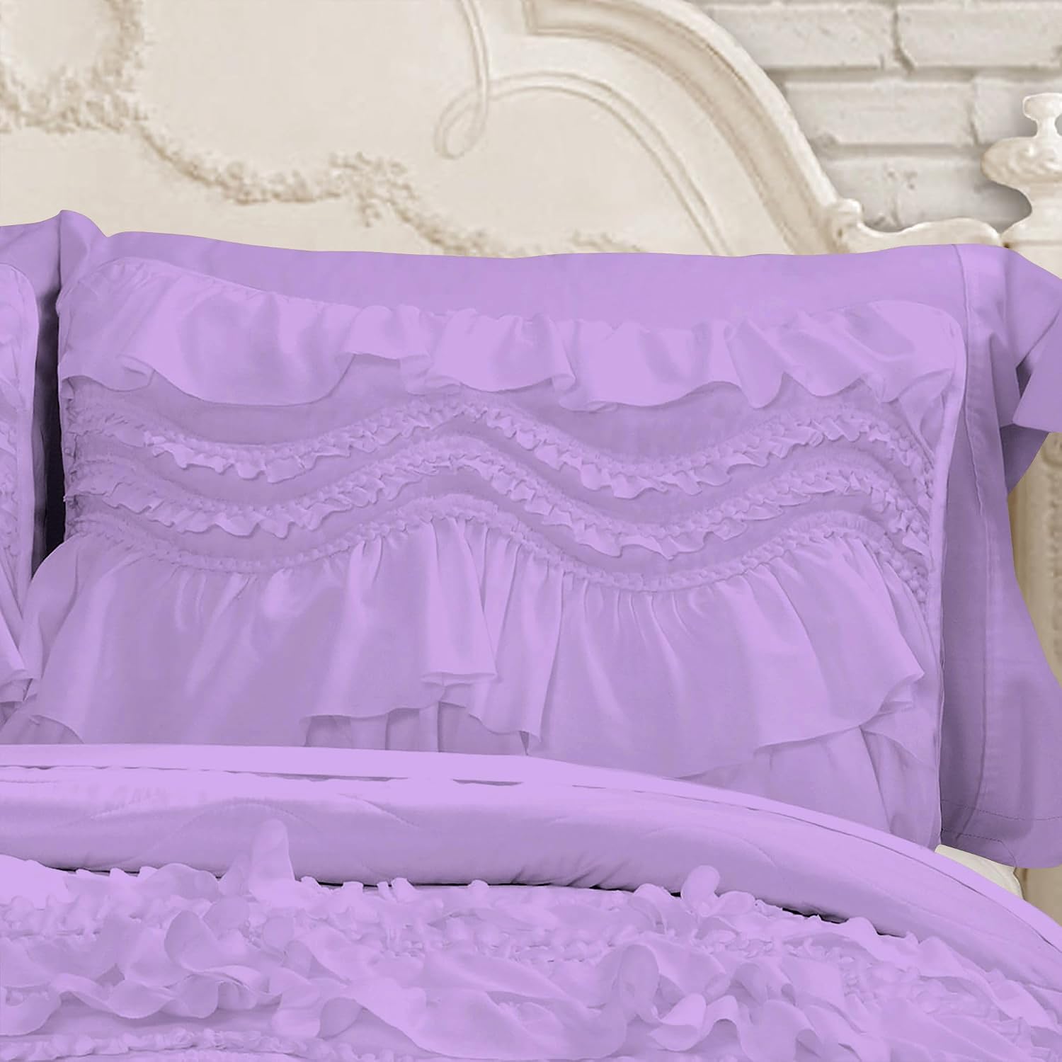 100% Egyptian Cotton, 550 GSM Microfiber Filled Quilt Ruffled Textured 3 Piece Full/Queen Size Comforter Set, Lilac