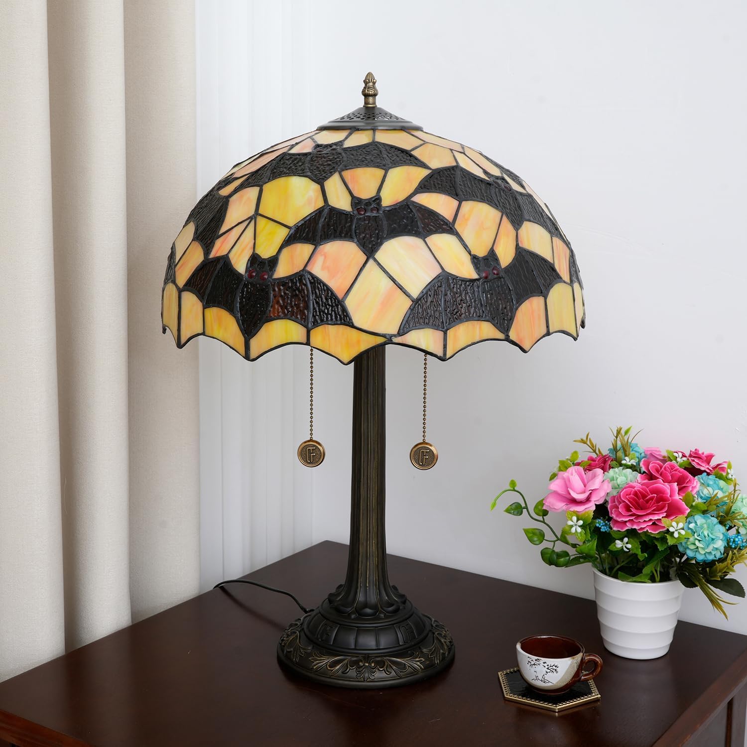 Tiffany Table Lamp Black Bat Design Stained Glass Lamp 16 inch Handmade Large Desk Light Antique Beside Reading Lamp for Home Living Room Bedroom Office