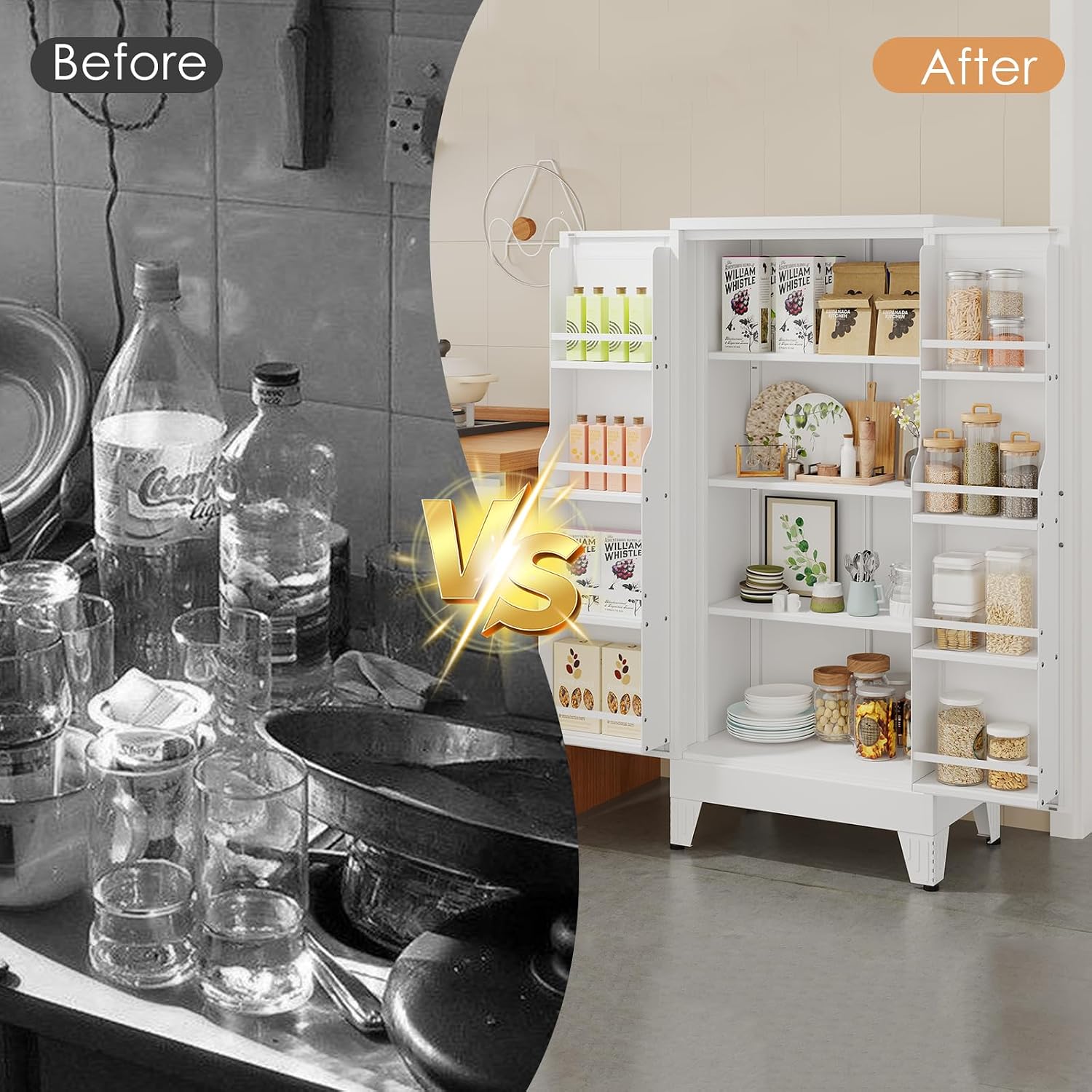 erosoei 51' H Metal Kitchen Pantry Storage Cabinet,Storage Cabinets with Doors and Adjustable Shelves,Freestanding Food Pantry Cabinet Cupboard for Living Room,Dinning Room（White）