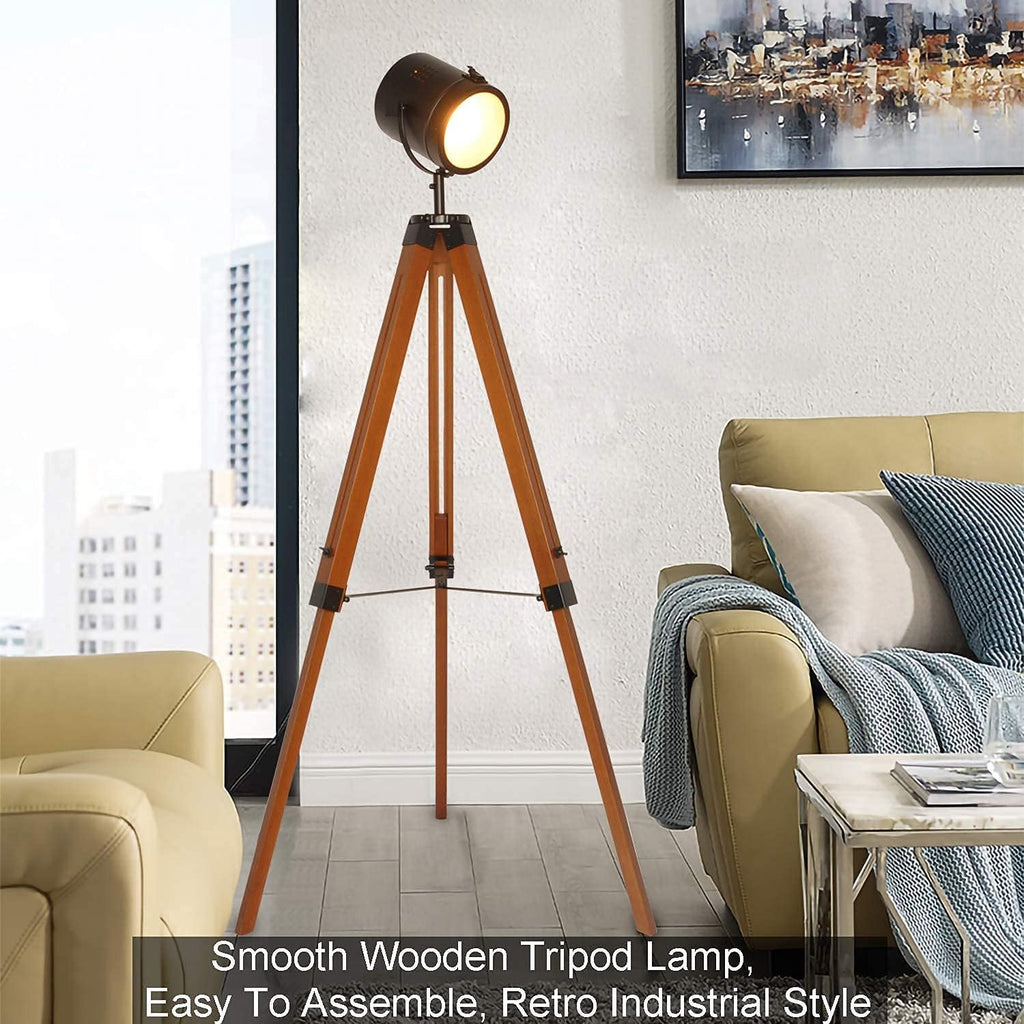 DEC LUCE DECOLUCE LIGHTING Vintage Industrial Tripod Floor Lamp - Adjustable Spotlight for Living Room & Bedroom | Wooden & Metal Design | Perfect for Office, Cinema, Dorm | Black (Bulb Not Included)