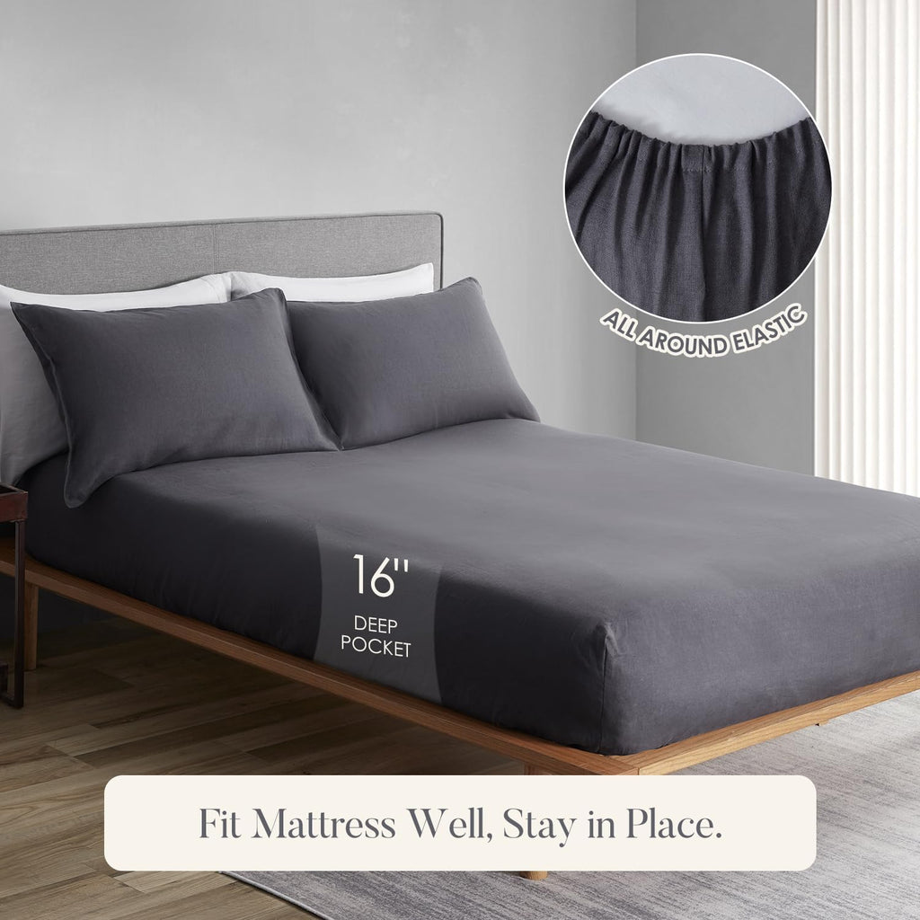 DAPU Pure Linen Sheets Set, 100% French Linen from Normandy, Breathable and Durable for Hot Sleepers, 4 Pcs Set - 1 Flat Sheet, 1 Fitted Sheet, 2 Pillowcases (Dark Gray, Queen)