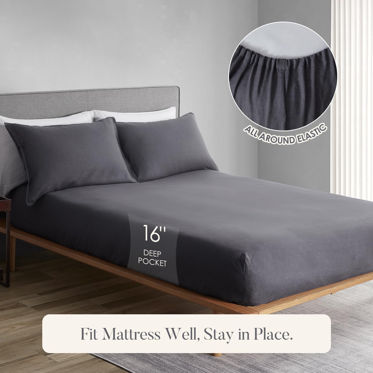 DAPU Pure Linen Sheets Set, 100% French Linen from Normandy, Breathable and Durable for Hot Sleepers, 4 Pcs Set - 1 Flat Sheet, 1 Fitted Sheet, 2 Pillowcases (Dark Gray, Queen)
