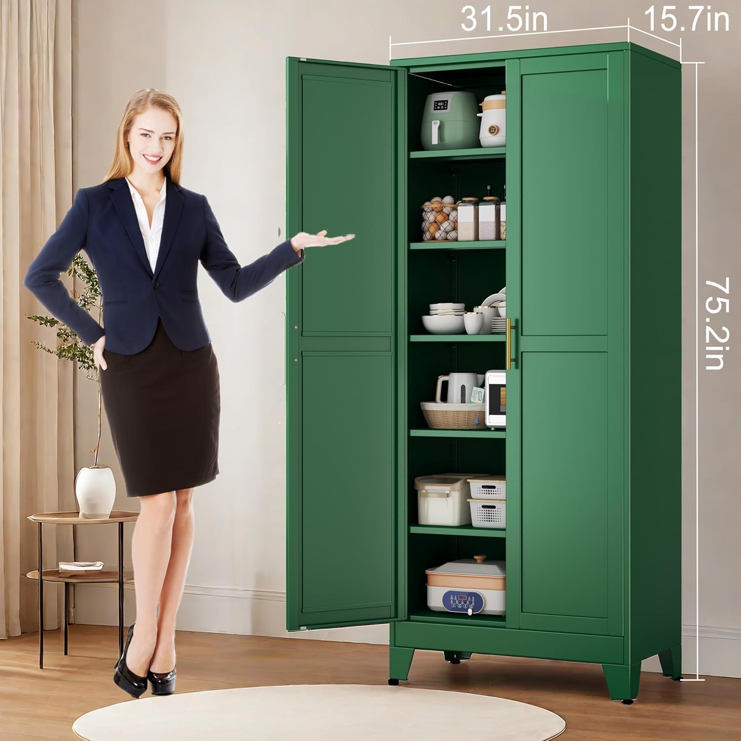 erosoei 75.2'H Metal Kitchen Pantry Storage Cabinet, Storage Cabinets with Adjustable Feet and Shelves,Food Pantries Cupboard for Kitchen, Living Room, Laundry Room and Dinning Room（Green）