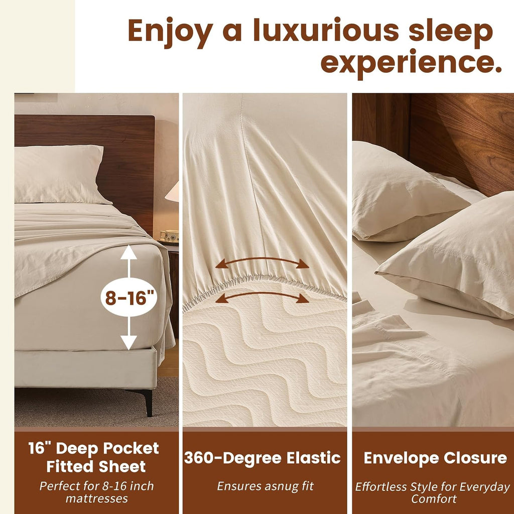 100% Linen Sheets Queen Size,Breathable & Durable 4-Piece Bed Flax Sheet Set,Soft All-Season Bedding for Hot Sleepers 16' Deep Pocket Oeko-TEX Certified,（Queen, Linen）