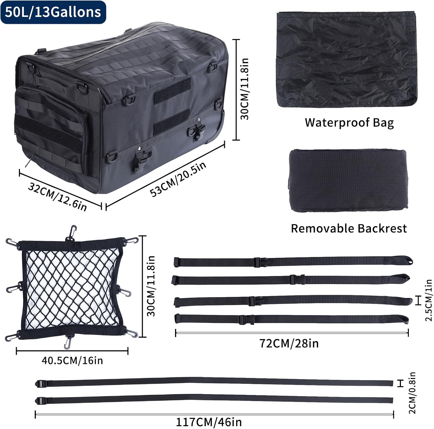 Motorcycle Touring Seat Bag Trolley Case with Wheels, Waterproof Suitcase, Luggage, Duffel, Tail, Tour Trunk, Gear, Rear Rack Bag, Sissy Bar Bag Compatible with Harley (50L/13Gallons)