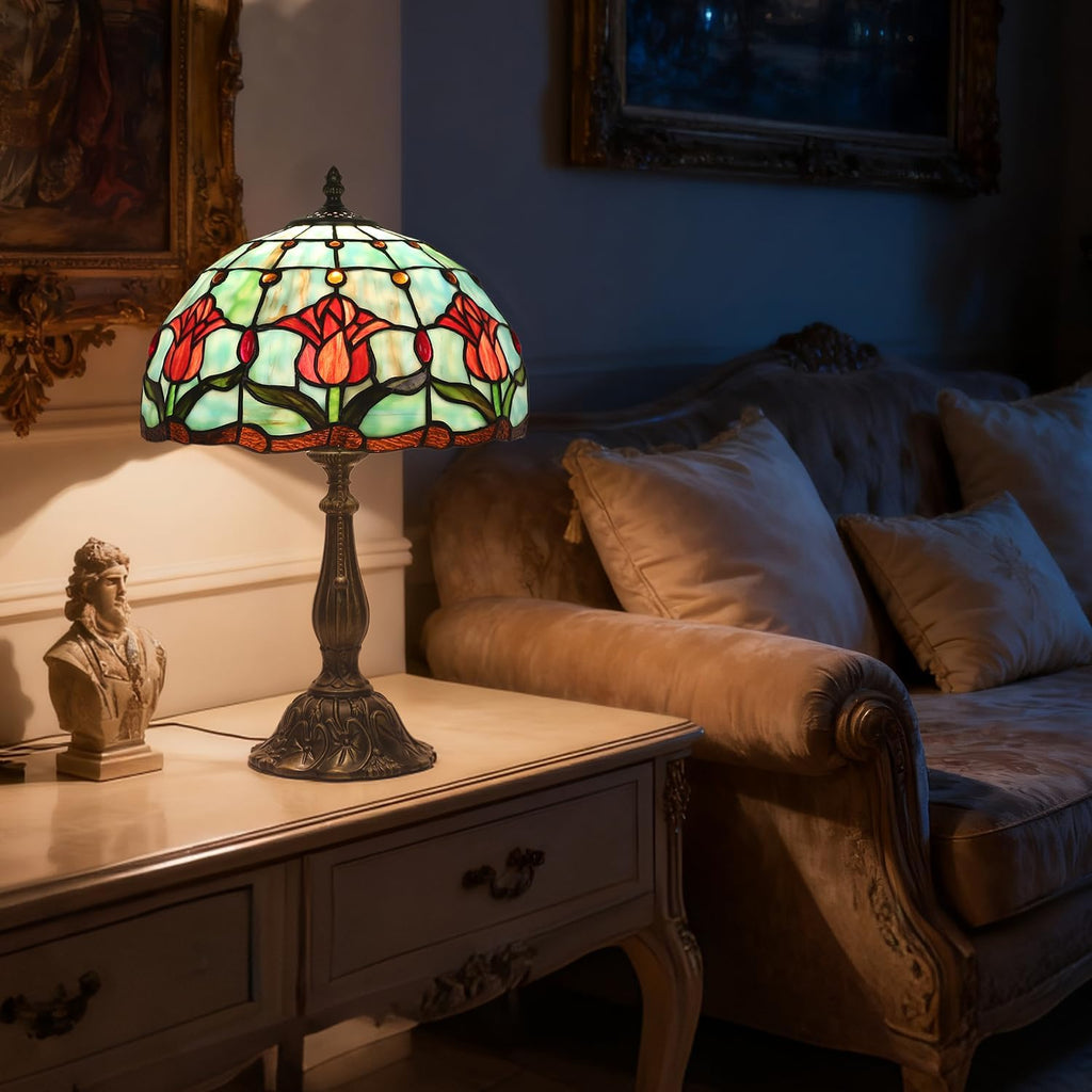 Stained Glass Tulip Table Lamp, Vintage Tiffany Style Reading Light, 12x12x19 Inch Antique Art Glass Desk Lamp for Home Office Bedroom Decor