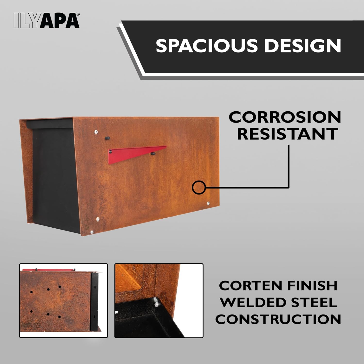 Ilyapa Modern Mailbox for Post Mount - Corten Steel Rusted Finish with Black Door Powder Coated Steel, with Recessed Magnetic Close Door