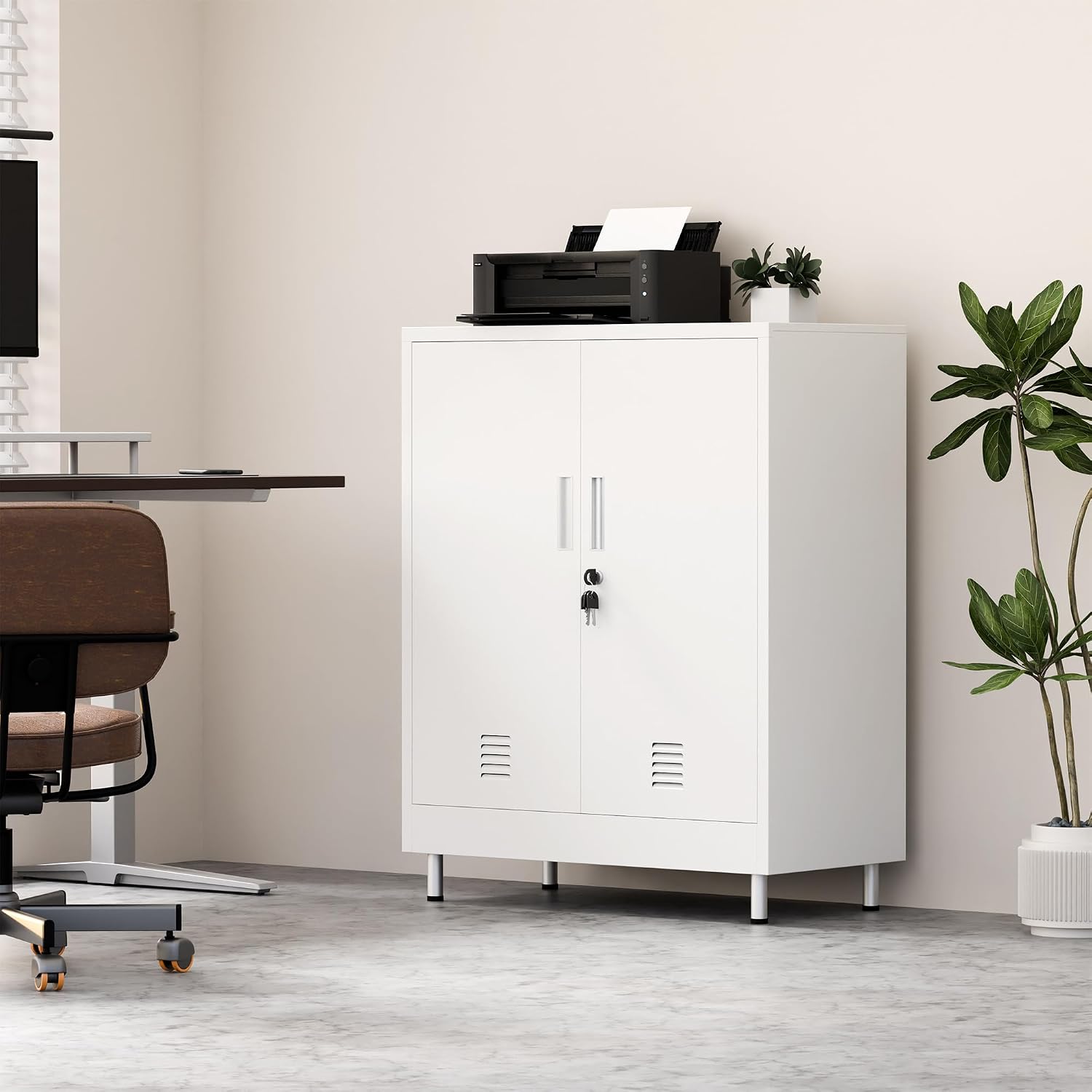 JINGUR Metal Storage Cabinet with Locking Doors and 2 Adjustable Shelves, Lockable Storage Cabinet for Home Office Garage Pantry Living Room (White)