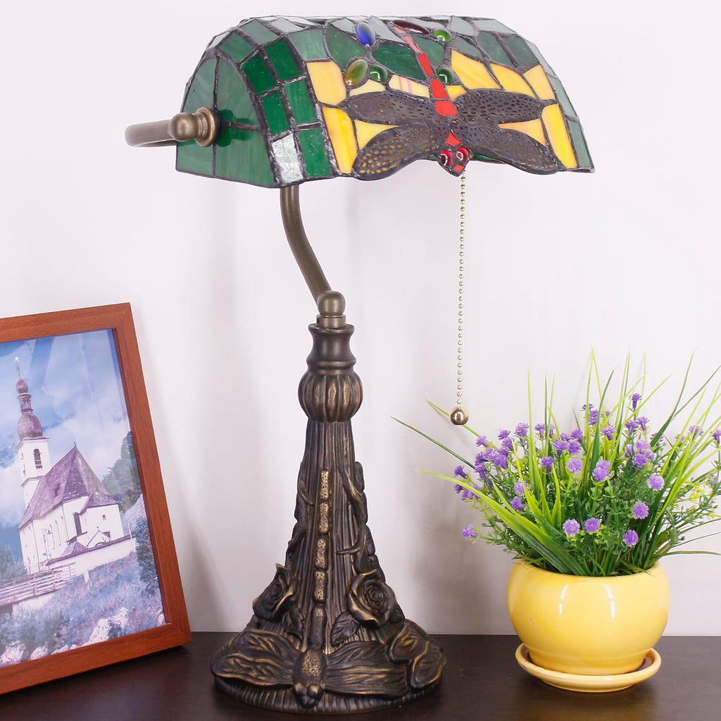 Tiffany Banker Lamp Small Stained Glass Table Lamp Tiffany Style Piano Light Green Dragonfly Style Desk Lamp Angle Adjustable 10.6X15.7 Inch for Home Office Living Room Bedroom