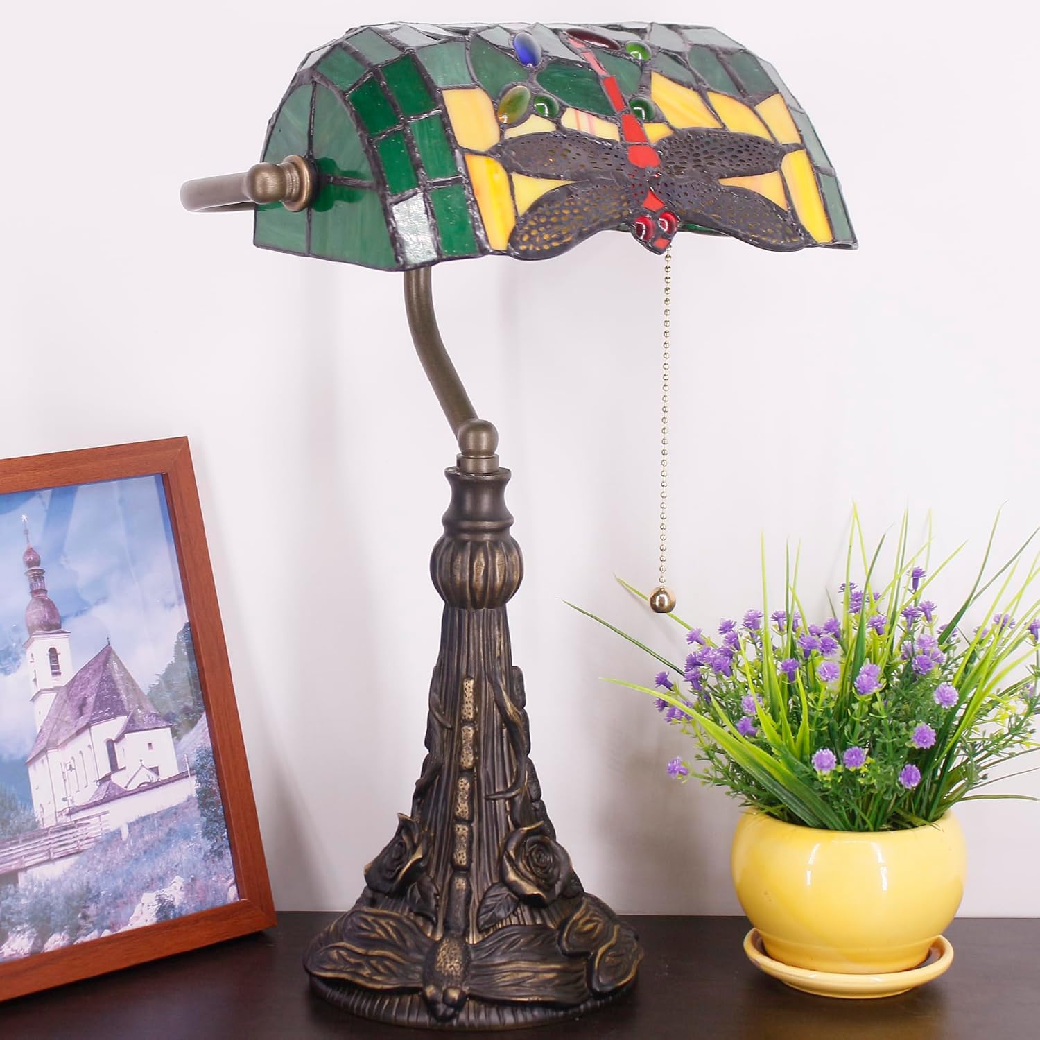 Tiffany Banker Lamp Small Stained Glass Table Lamp Tiffany Style Piano Light Green Dragonfly Style Desk Lamp Angle Adjustable 10.6X15.7 Inch for Home Office Living Room Bedroom