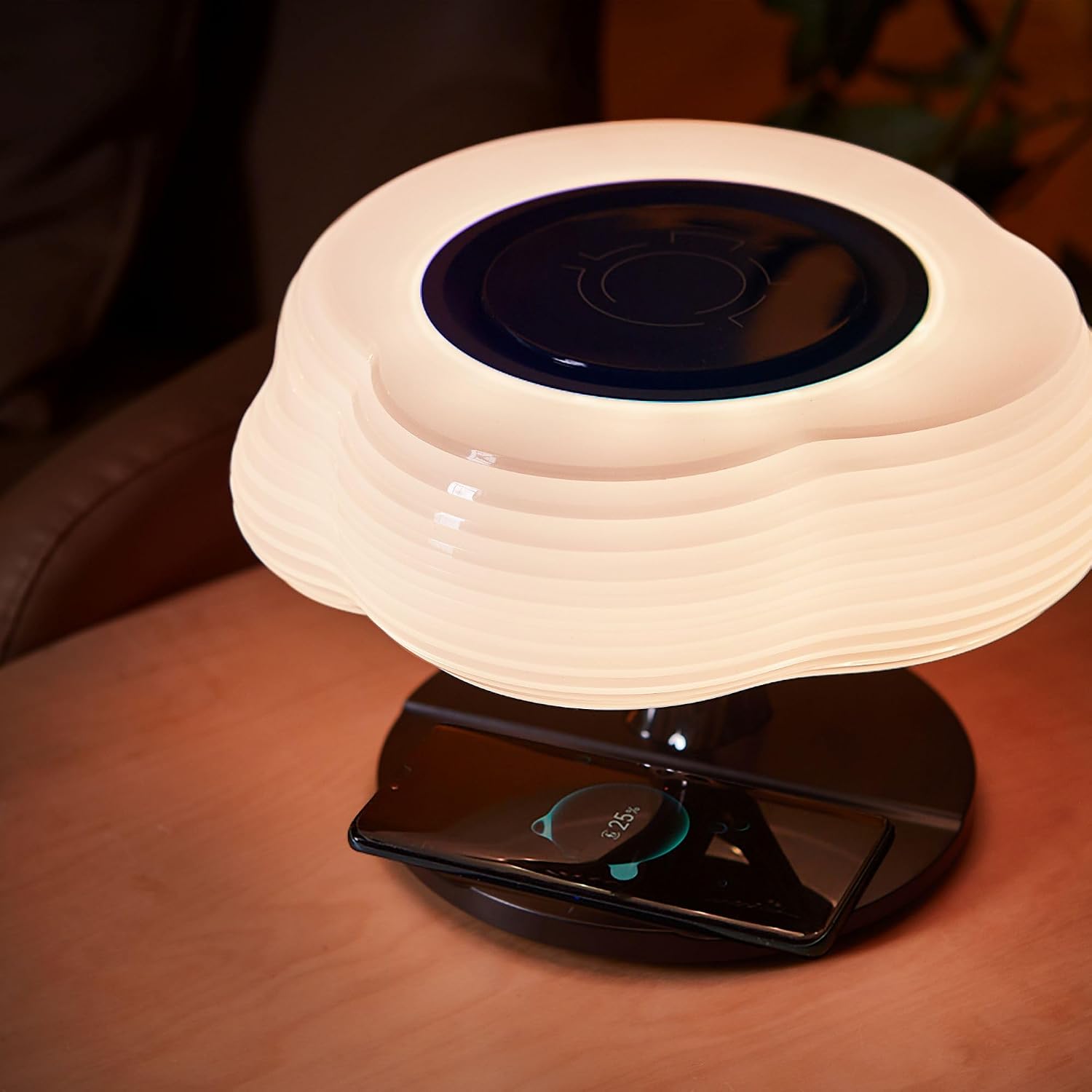 Bonsai Modern LED Bedside Smart Table Lamp with Built-in TWS Bluetooth Speaker and Qi Wireless Charger for Home and Office, Stepless Dimming with Sleep Mode (Clouds)
